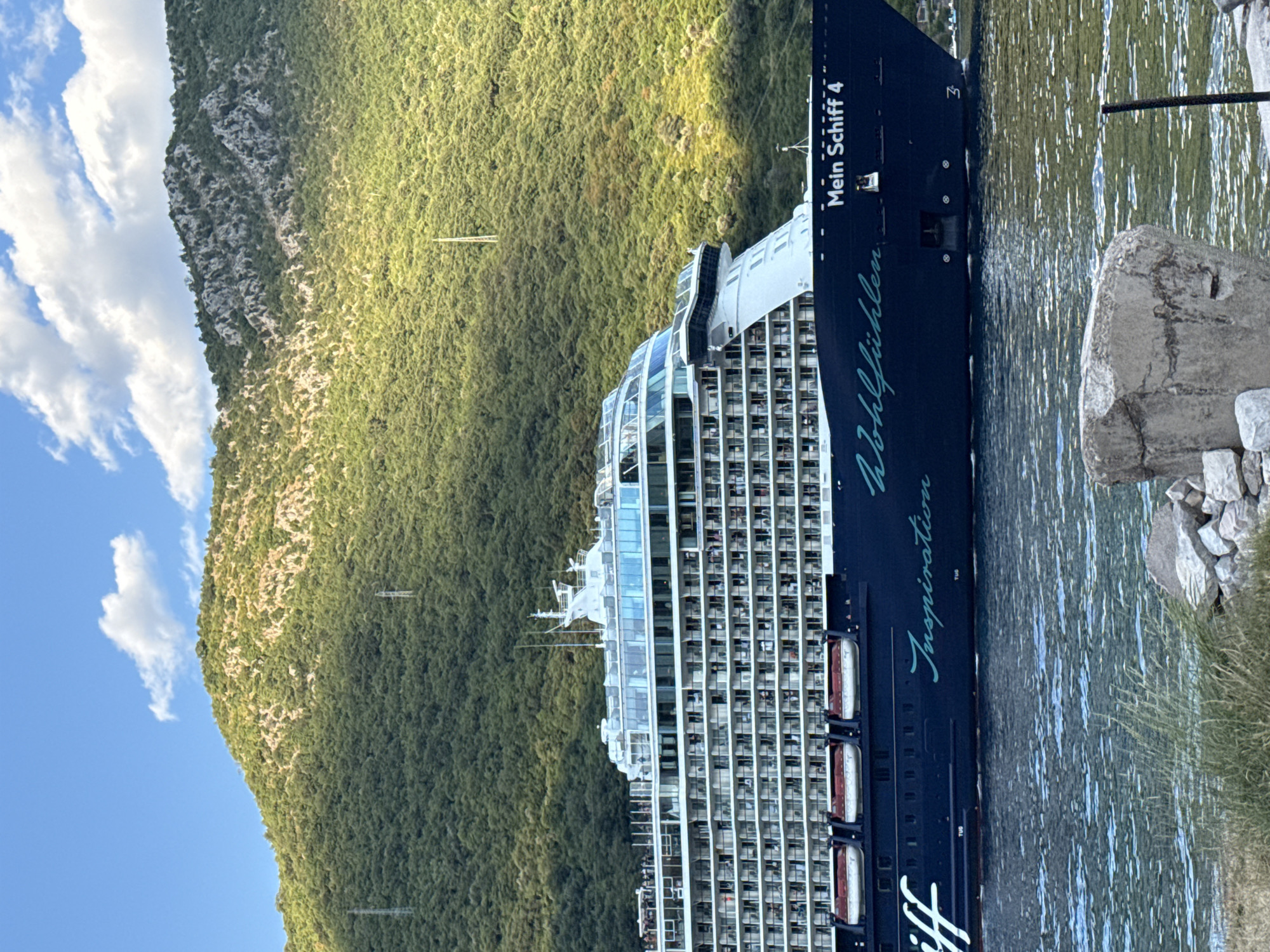 An exterior medium shot captures the cruise ship "Mein Schiff 4" sailing in the Bay of Kotor near Lepetane, Montenegro. The ship, predominantly navy blue, is docked in calm, green-hued water. It features multiple decks filled with white balconies, with some people visible on the upper decks. The ship's name, "Mein Schiff 4," is emblazoned on its hull, along with cursive lettering that reads "Wohlfühlen" and "Inspiration." In the background, a steep, densely forested green mountain rises dramatically, with hints of rocky outcrops. The sky above is a clear blue with scattered white clouds. In the foreground, the edge of a rocky shoreline is visible, with some grass and weathered concrete structures. Power lines and pylons are subtly integrated into the mountain landscape.