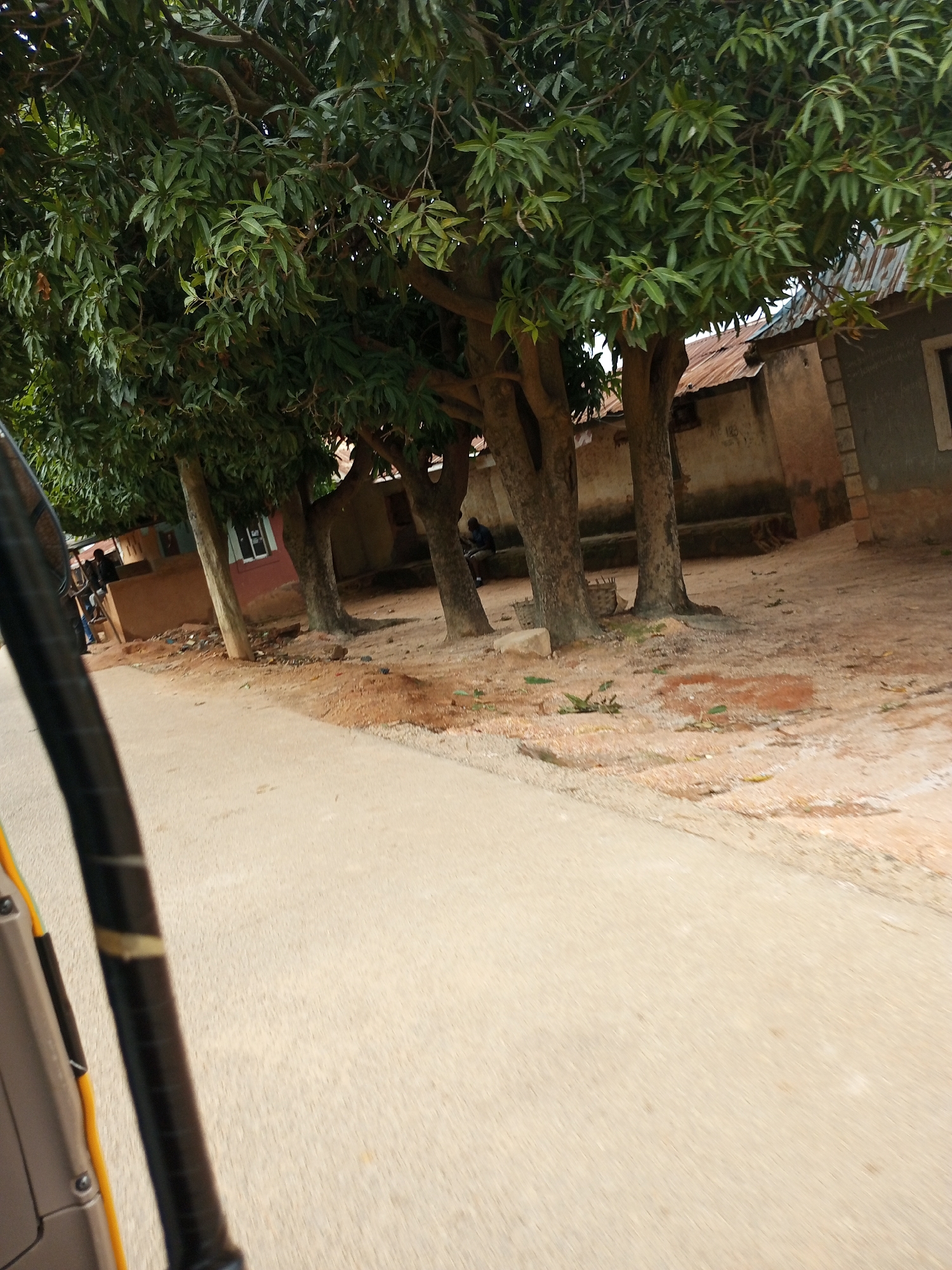 In Barakin Angundi, Nigeria, an outdoor scene depicts a dirt road with a concrete shoulder in the foreground, on which a part of a vehicle is visible on the left. Beyond the road, a cluster of mature trees with dense green foliage dominates the middle ground. To the right of the trees, structures that appear to be homes or shops are visible, with corrugated metal roofs and some mud or concrete walls. One building has a window with a light-colored frame and a dark object inside. In front of the buildings, the ground is a mixture of dirt and sand, with some scattered debris, including a woven basket. A person is seated on a bench or low wall to the far right, partially obscured by the trees. Further to the left, another person stands near a building. The overall impression is a snapshot of a rural or semi-urban Nigerian setting.