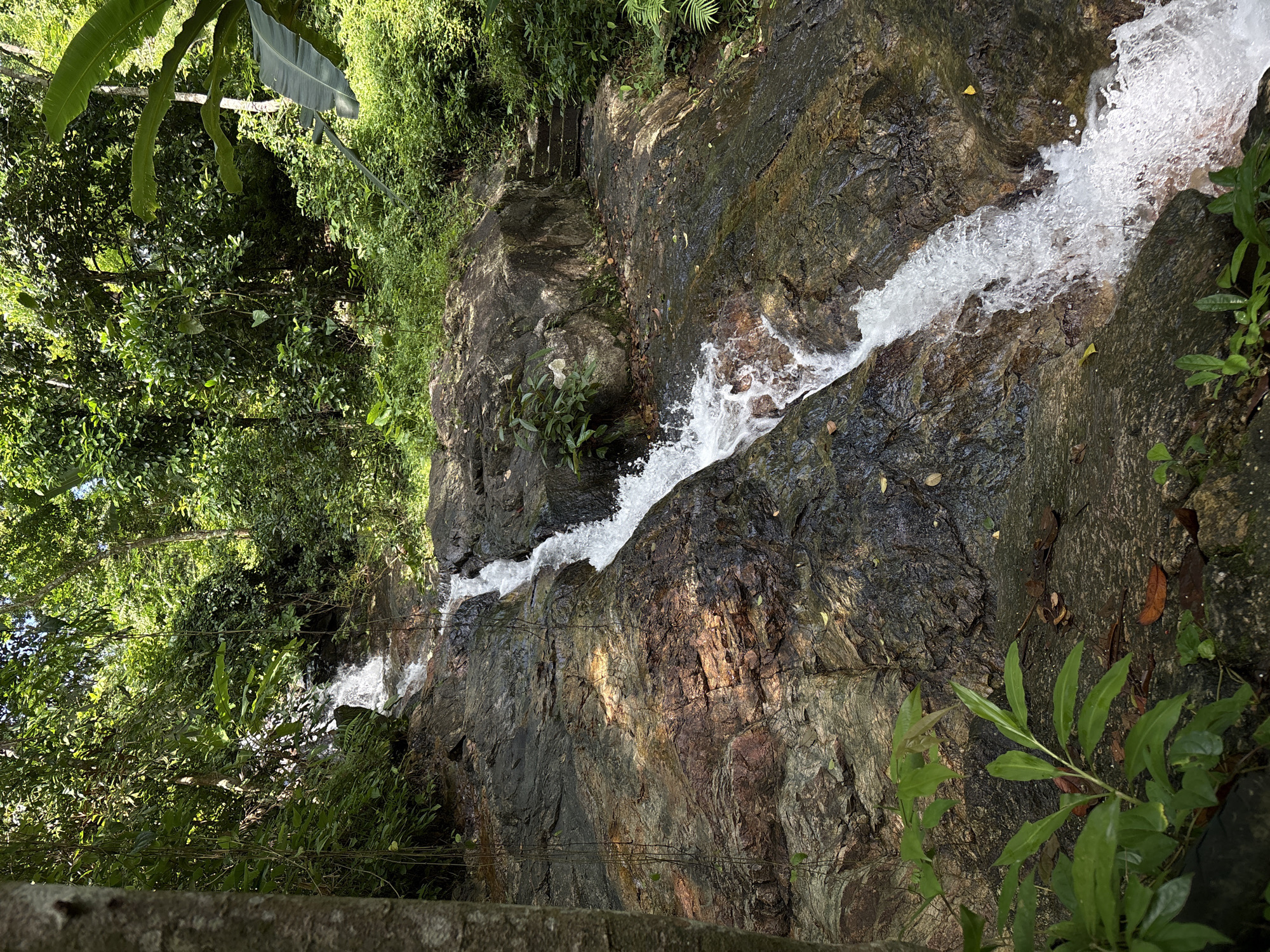 A narrow waterfall cascades down a rocky incline amidst lush tropical foliage. The water is white and foamy, carving a path through the rough, dark-colored rocks, some of which are wet and glistening. Sunlight dapples through the dense canopy of green leaves, creating patches of light and shadow on the rocks and water. Vines hang from the trees, adding to the wild, untamed atmosphere. To the right of the waterfall, a set of stone steps can be seen, hinting at a path leading further into the jungle. The scene suggests a natural environment, likely a secluded spot within the verdant landscape of Choeng Thale, Thailand, possibly a park or a nature reserve. No people are visible in the image.