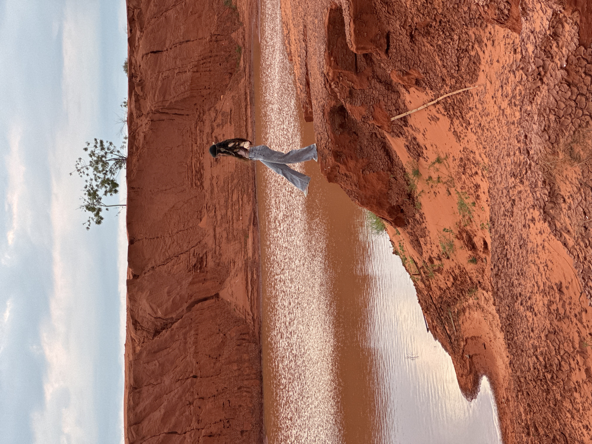 A full-length shot captures a person with long dark hair wearing blue jeans and a dark top, standing near a body of water reflecting light. The person is on a reddish-brown, textured land formation. The body of water is bordered by similar land formations on both sides. A tree stands to the left, reaching towards a sky with scattered clouds. The scene is located in Mũi Né, Vietnam.