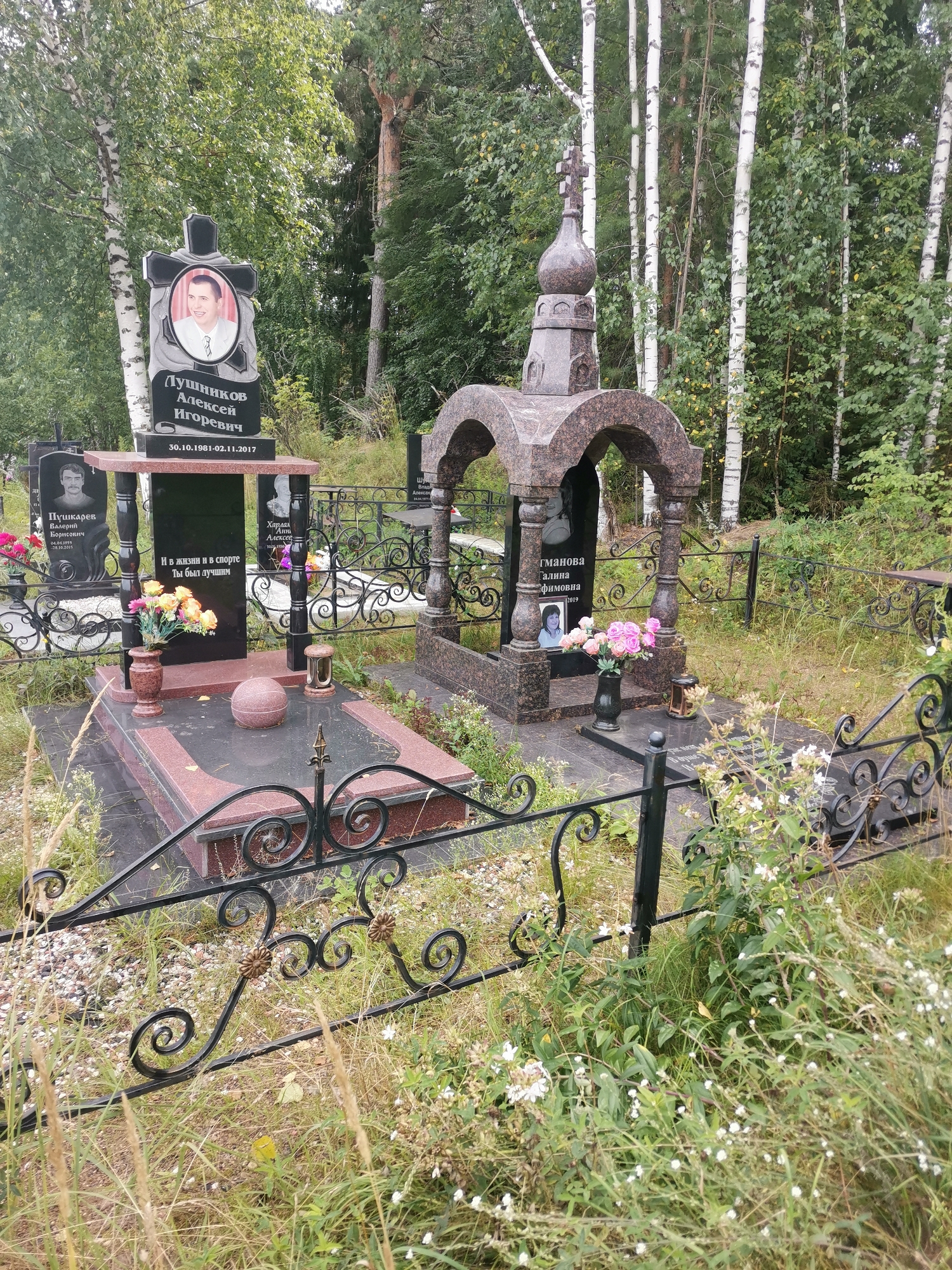 The image depicts a cemetery in the city of Garevaya, Russia, characterized by lush green trees, primarily birch trees with white trunks, and overgrown grass. The foreground is dominated by the weathered, uneven ground covered in dry grass and scattered small white flowers, with a black wrought-iron fence running across it.
In the midground, several tombstones are visible. On the left, a large black granite cross-shaped tombstone features a portrait of a smiling man in its upper half, with Cyrillic text and dates inscribed below: "Пушников Алексей Игоревич 30.10.1981-02.11.2017". To the right of this, a smaller tombstone with a portrait of a man with a mustache reads "Пушников Валерий Борисович 28.10.2015".
In the center, a more elaborate tomb structure stands. It has a dark granite base with red granite trim and features a black granite slab with text that includes "И в жизни и в спорте Ты был лучшим" (And in life and in sport, you were the best). On this slab, there is a vase with yellow and pink flowers, a spherical object resembling a ball, and a small lantern. Above this, an arched canopy, also made of dark granite, covers a black tombstone with a portrait and Cyrillic text. This tombstone has the name "Гманлова Галина Тимофеевна 2019" (Gmanova Galina Timofeevna 2019). A vase with pink flowers is placed in front of this tombstone.
To the right, another tombstone with a portrait and Cyrillic text is partially visible, along with a continuation of the wrought-iron fence. The overall impression is one of a well-maintained but naturalistic burial site, with elements of personal commemoration and traditional cemetery features.