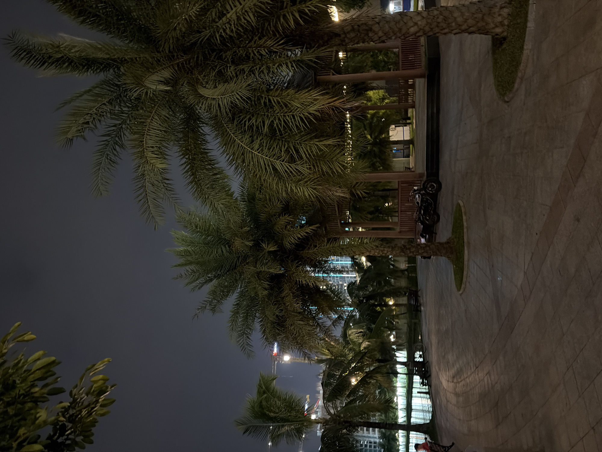 A nighttime scene depicts a paved plaza with several palm trees. In the foreground, a large palm tree trunk is visible on the right. The plaza curves to the left, where a person is seated on a bench. A body of water with reflections is visible beyond the plaza. In the middle ground, two motorcycles are parked near a raised wooden structure that resembles a gazebo or pavilion. Several more palm trees are scattered throughout the scene. In the background, modern buildings with illuminated windows and construction cranes are visible, suggesting an urban environment. The sky is dark and appears overcast. The image was taken in Hanoi, Vietnam.