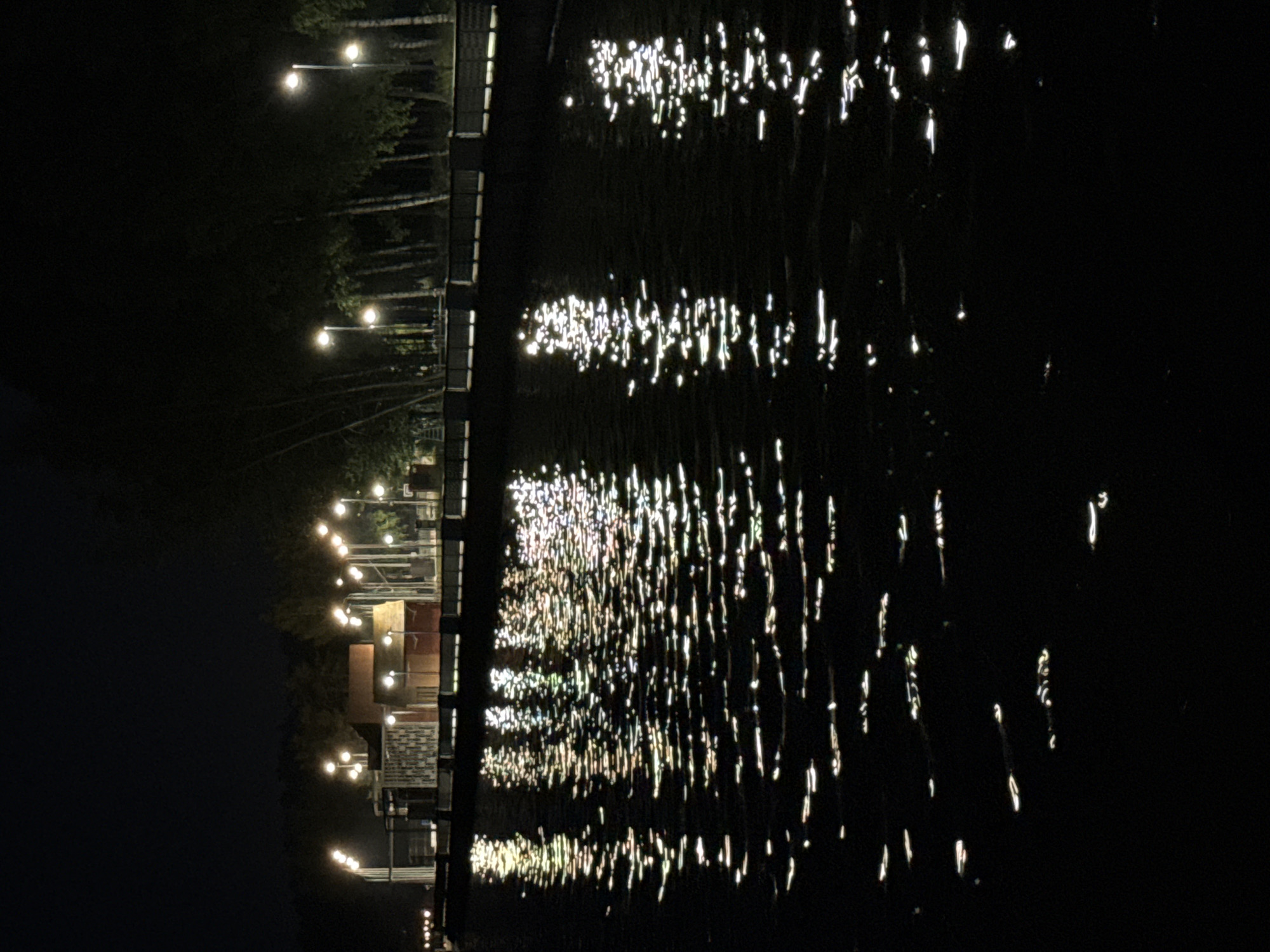 At night, illuminated streetlights cast reflections on the rippling surface of a body of water. In the background, there are structures and trees lining the water's edge. The scene is located on the embankment of the Kama River in Chaikovsky, Russia. There are no people visible in the image.