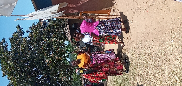 This image, rotated clockwise by 90 degrees, presents five women standing outdoors in a sunny, rural setting, likely in Burundu, Kenya. The bright light and distinct shadows indicate it is daytime.
The women are gathered in the mid-ground, each adorned in vibrant, traditional African print attire, often referred to as chitenge or kanga. From left to right, a woman wears an orange top and a multi-colored patterned skirt. Next to her, another woman is dressed in a red and black patterned skirt. Further back, a woman in a white top and a green and red patterned skirt is visible. To her right, a woman in a bright pink top and a blue and white floral patterned skirt is leaning against a wooden structure. Another woman is partially obscured behind this group. Their expressions appear calm, suggesting a casual interaction or gathering.
The setting features a large, lush green tree occupying a significant portion of the left background. To the right, there is a rustic wooden structure, possibly a stall or part of a building, with a white fabric canopy or awning extending from it. The ground is unpaved, consisting of dry dirt and patches of light-colored, dry grass. A dark object, possibly a motorcycle or scooter, is partially visible behind the women in the central part of the image. The clear blue sky is visible above the tree and structures. There is no discernible text in the image.