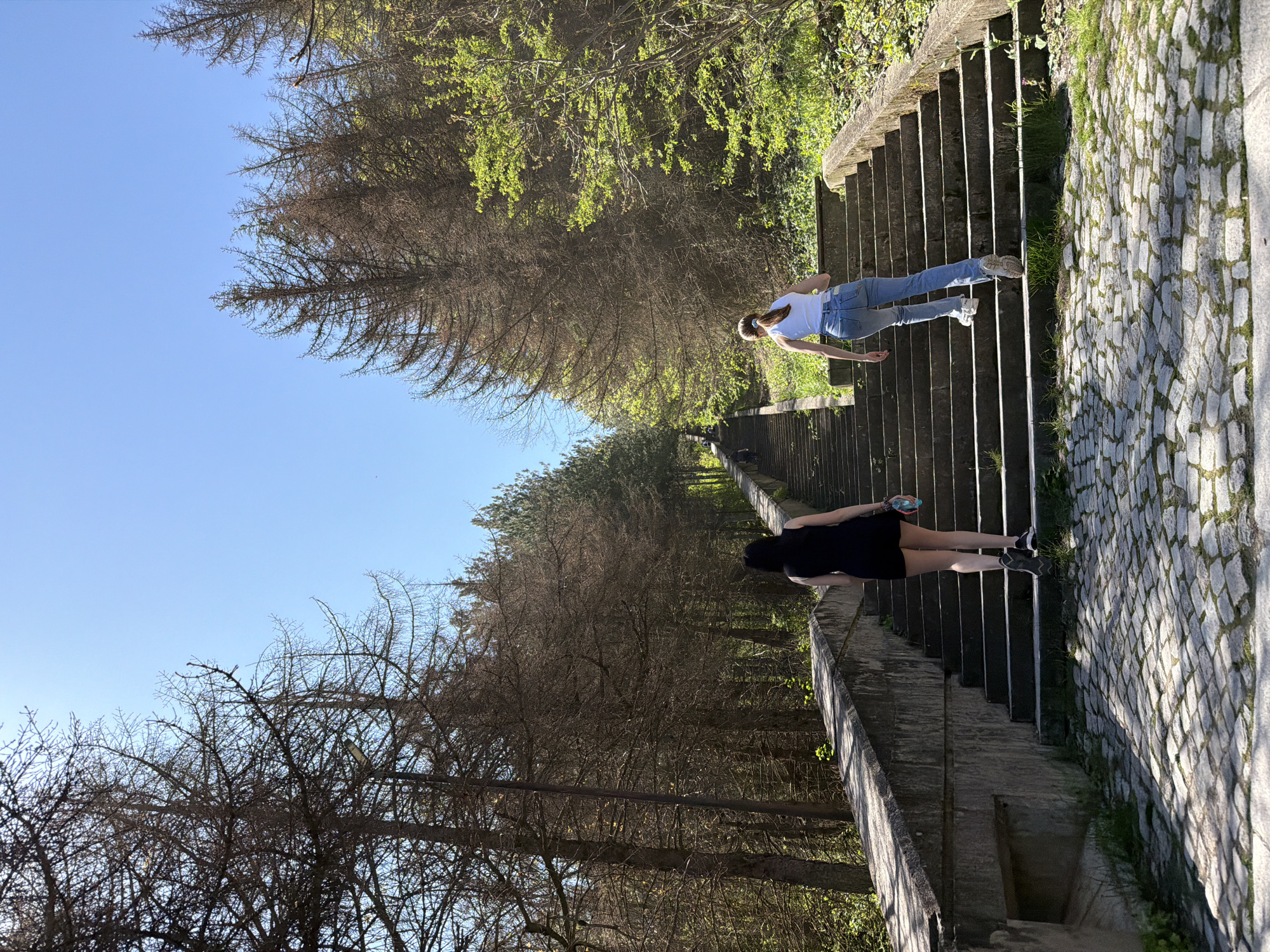 Two women are walking down a long, wide, outdoor stairway. On the right side of the stairway is a stone paved section. The left side of the stairway has a concrete wall with an iron railing. The stairway is bordered on both sides by trees and bushes, some bare and some with green leaves. One woman is wearing a white shirt and blue jeans and is further up the stairway. The other woman is wearing a black dress or shirt and shorts and is further down the stairway, carrying a water bottle. The sky is blue. The location is likely a park in Shumen, Bulgaria, given the presence of stairways, greenery and people walking.