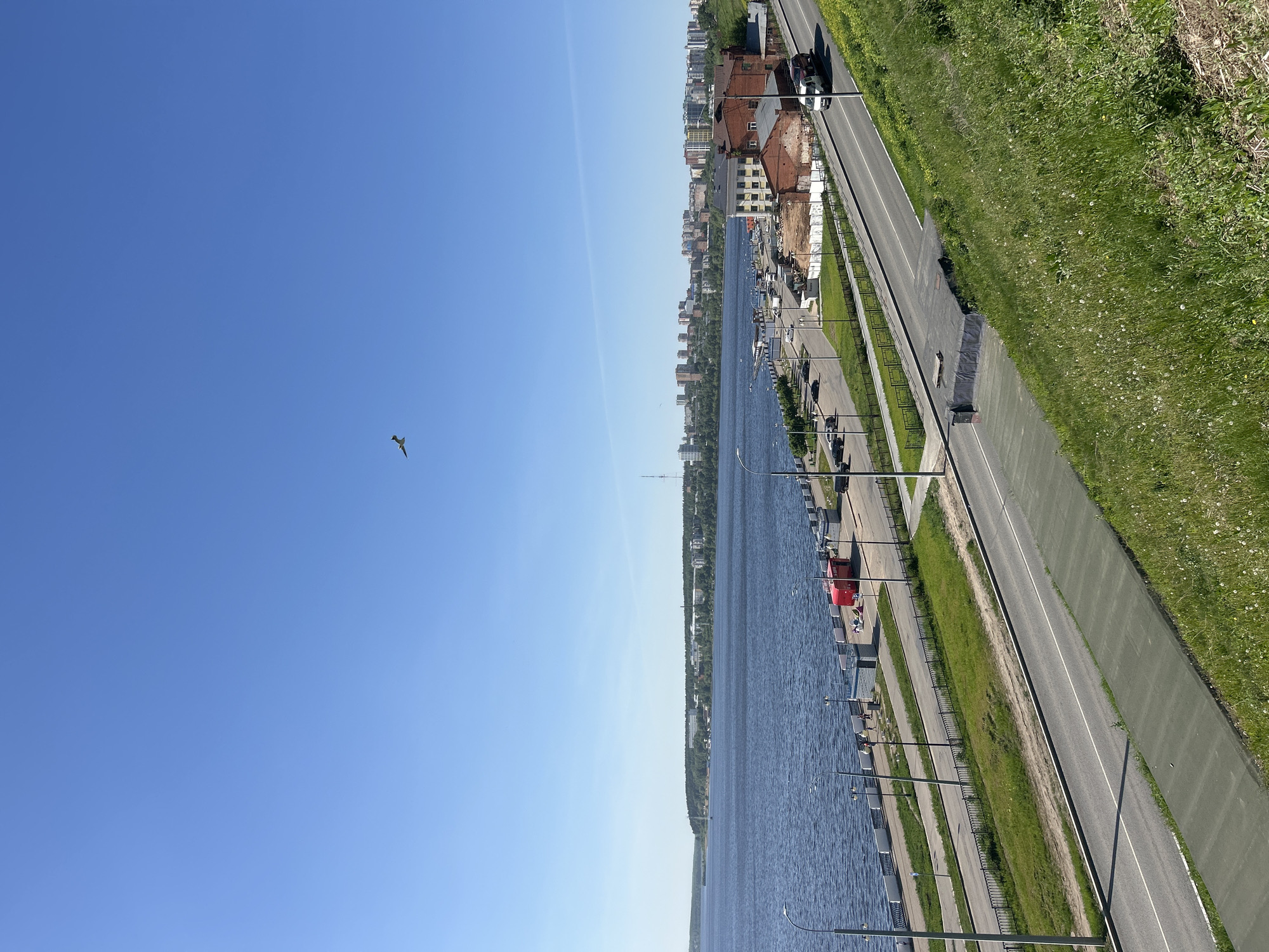 The image depicts a waterfront scene in Izhevsk, Russia. A body of water, presumably the Izhevsk Pond, dominates the right side of the frame, reflecting the clear blue sky. Along the water's edge runs a promenade featuring streetlights, grassy areas, and what appears to be a roadway with moving vehicles, including cars and a red truck. Buildings, including residential structures and potential industrial sites, line the far side of the water. A tall antenna or tower is visible in the middle-ground. The left side of the image is largely filled with a clear blue sky, with a single bird in flight. A segment of green space is visible at the top-right of the frame.