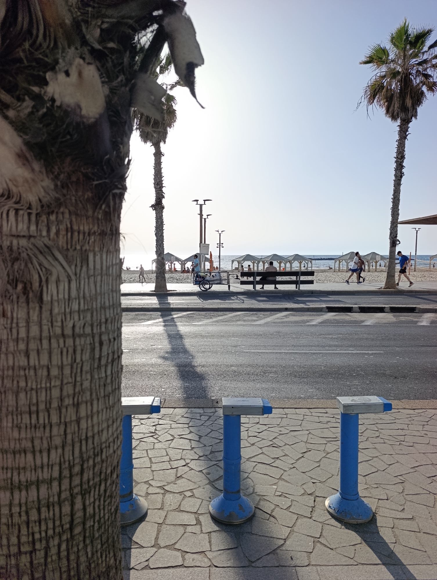 The image depicts a street scene in Tel Aviv, Israel, near a beach. A partially visible palm tree trunk is in the foreground on the left. To the right are three blue and gray bollards on a paved sidewalk. Beyond the sidewalk is a street. Beyond the street, there is a beach with people, sun shelters, and palm trees. Several people are walking and running along the beach. One man sits on a bench. A vendor pulls a cart. The sky is bright and clear.