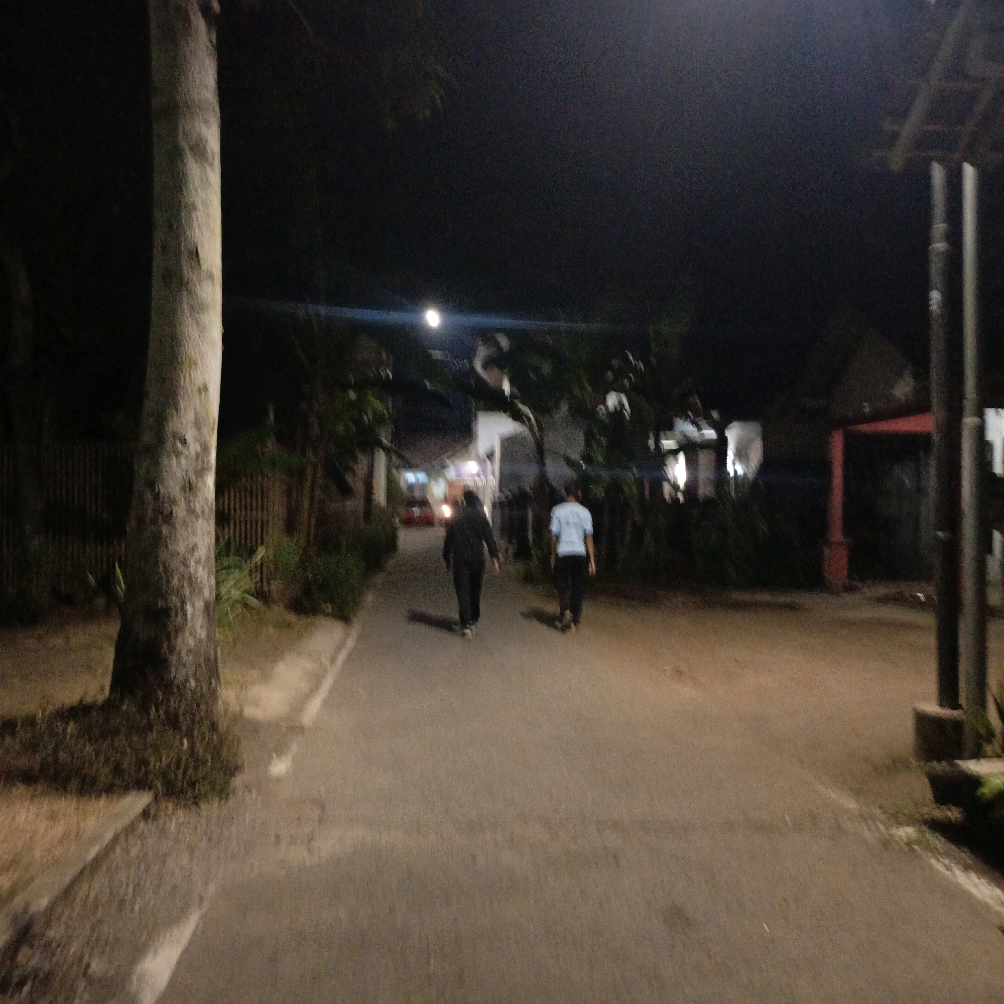 The image depicts a street scene at night in Salatiga, Indonesia. A paved road runs through the center, bordered by a concrete curb on the left and a wooden fence and vegetation on the right. Two individuals are walking away from the camera down the road. The person on the left wears dark clothing, and the person on the right wears a light blue shirt and dark pants. Trees with visible trunks and foliage line the sides of the road, and several buildings and structures are visible in the background, some illuminated by interior lights. A bright light source, possibly a streetlamp or moon, is visible in the upper center of the image. The overall lighting suggests it is nighttime, with artificial lights illuminating parts of the scene.