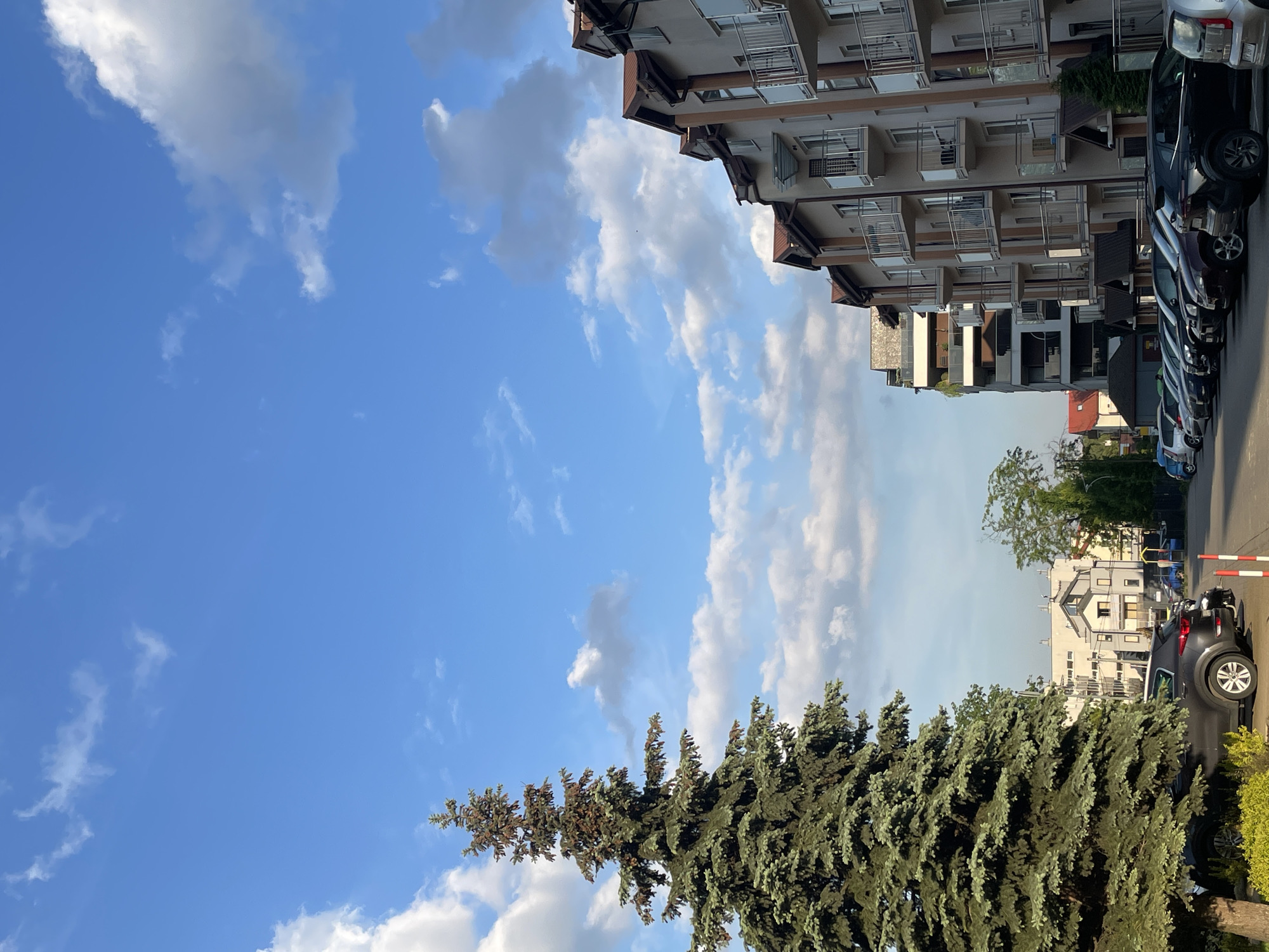 The image shows a street scene under a bright blue sky with scattered white clouds. On the right side of the frame, an apartment building with balconies is visible, adjacent to a row of parked cars. A large evergreen tree is at the bottom, partially obscuring a view of other buildings further down the street. There are no people visible in the image.