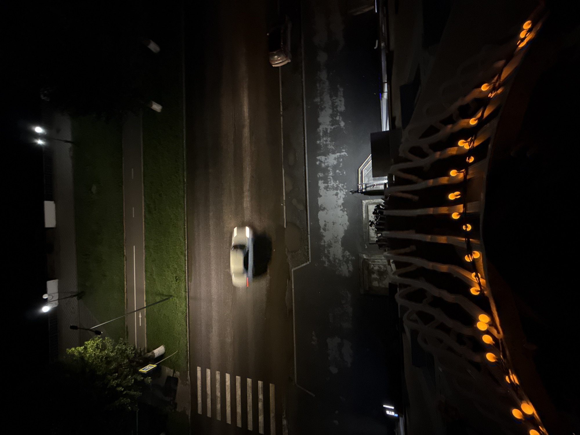 An aerial night-time view captures a street scene in Votkinsk, Russia. The image is dominated by darkness, with artificial lighting illuminating segments of the scene. In the foreground, a series of orange lights, possibly decorative, are strung across a railing or structure. The midground features a road with a pedestrian crossing marked by white stripes. A blurry, white car is in motion across the road. Further back, a tree with visible foliage stands beside the road. A streetlamp with two lights illuminates the area. The background consists of a grassy area and a dark, indistinct horizon. The overall impression is one of a quiet urban street at night.