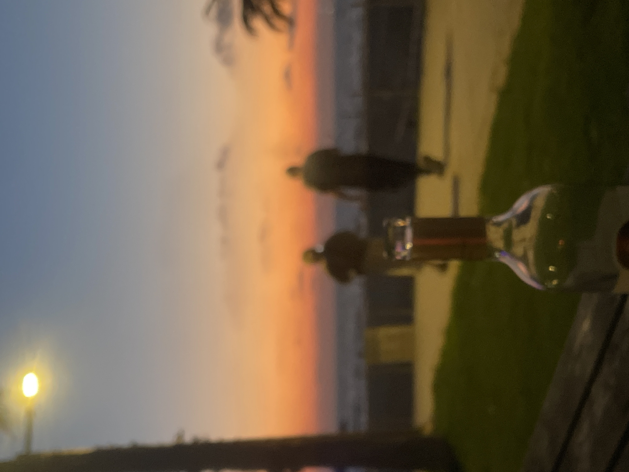 The image depicts a blurred, low-light scene consistent with a sunset over the Mediterranean Sea from Herzliya, Israel. In the immediate foreground, the top of a glass bottle, likely containing a light-colored liquid, is centrally positioned on a dark, horizontally slatted surface, presumably a wooden table or railing. To the left, a patch of dark green grass is visible. Beyond the foreground, two indistinct, dark figures are seen walking away from the camera on a paved promenade or path. To their left, a dark vertical structure, possibly a tree trunk or lamppost, is partially visible. Further right, blurred dark foliage, characteristic of palm trees, can be observed. The midground features a dark, horizontal barrier separating the path from the body of water. The sea itself is visible, showing subtle texture. The background is dominated by a vibrant sunset sky, transitioning from a light blue at the top to intense orange and red hues near the horizon, with several indistinct cloud formations. A single, bright yellow-white light source, indicative of a streetlamp, is present in the upper left portion of the frame. The overall impression is an evening view from a beachfront establishment, overlooking the promenade and sea.