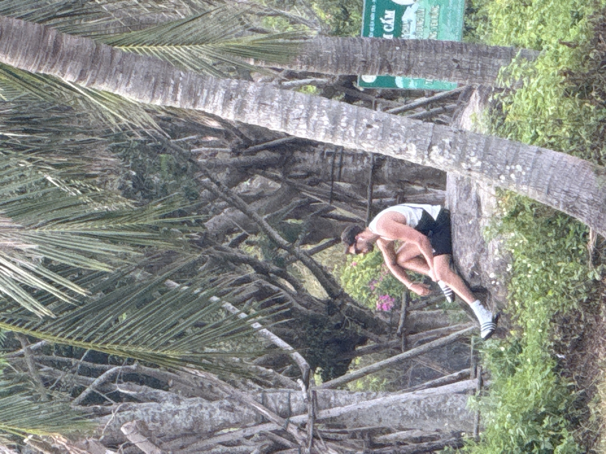 A man in a white tank top and black shorts is positioned on a gray, weathered wooden structure amidst dense tropical foliage, likely a portion of a man-made barrier or walkway. He is wearing white socks with black stripes and appears to be interacting with the structure, possibly climbing or resting. The environment consists of palm trees and various plants. The location, Đà Nẵng, Vietnam, is based on general knowledge and visual cues of Southeast Asian tropical scenery.