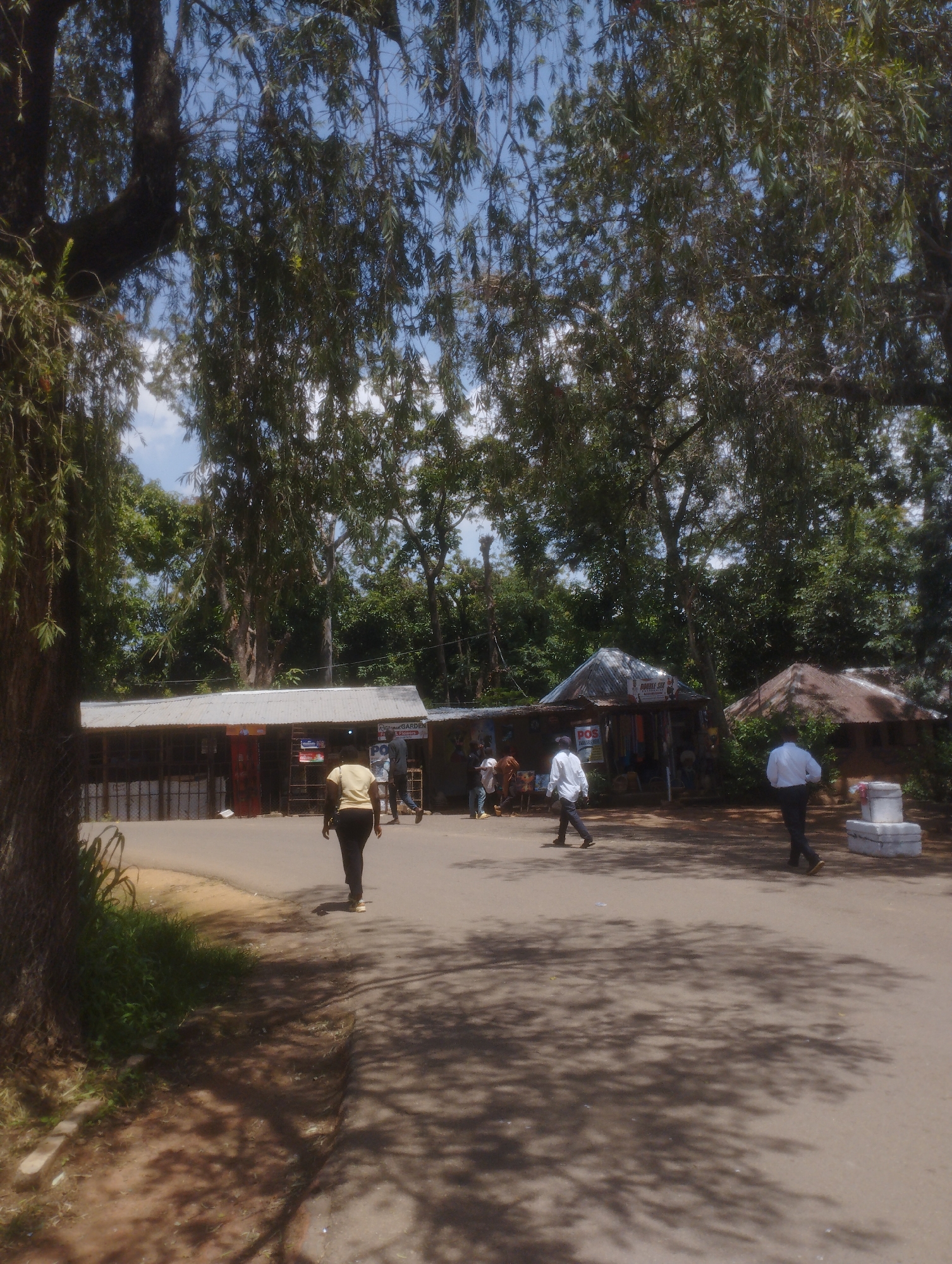 The image captures a street scene in Jos, Nigeria, likely a market or commercial area. In the foreground, a paved road is visible, partially shaded by the dappled sunlight filtering through the trees. The road is bordered by a dirt and grass embankment on the left.
Several people are present. A woman in a yellow top and black pants walks away from the camera on the road. To her left, near a row of shops, a man in a white shirt and black pants walks towards the right. Further to the right, another man in a white shirt and dark pants walks away from the camera. In the background, a few other individuals are seen near the shops.
The environment features several small, open-air shops with corrugated iron roofs. These shops appear to be selling various goods, with some displays visible. Lush green trees and foliage surround the area, indicating a tropical or subtropical climate. The sky is blue with some scattered clouds. The overall impression is a bustling, informal commercial setting in an outdoor environment.