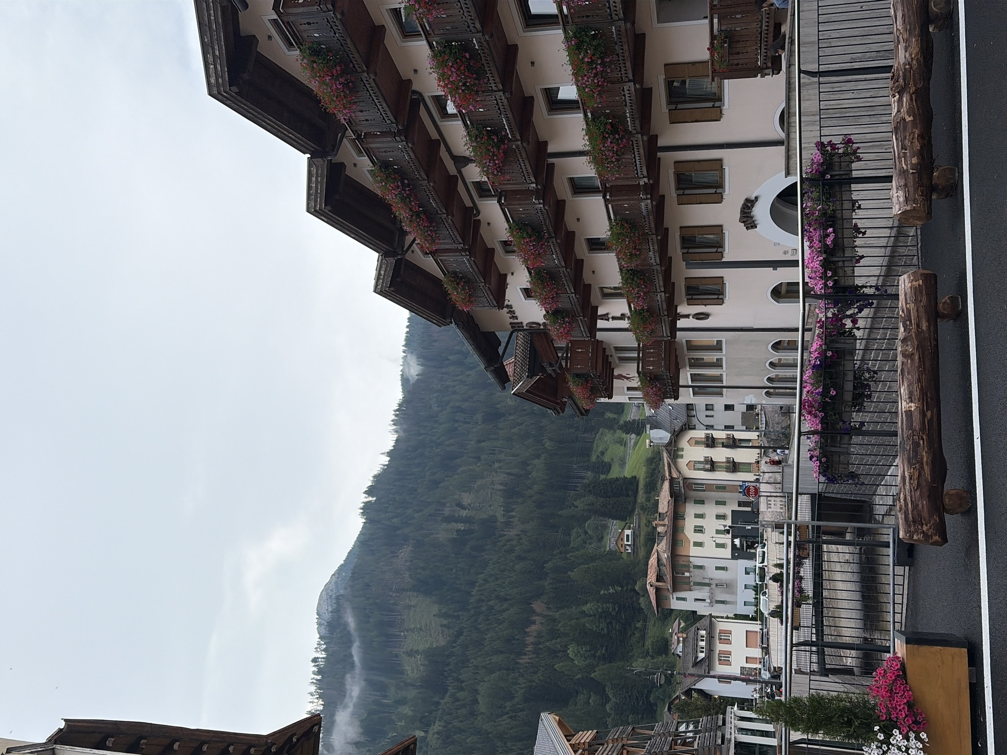The image captures a view of the town of Moena, Italy, with a focus on a hotel and its surroundings. In the foreground, there are two wooden log benches placed on an asphalt surface with a white line marking. To the left of the benches, a wooden planter box overflows with pink and white flowers. A metal fence runs horizontally across the middle ground, separating the foreground from a canal or water feature beneath.

The hotel, prominently featured on the right side of the image, is a multi-story building with a light pink facade. Its most striking feature is the series of dark wooden balconies that extend along each floor, adorned with an abundance of pink and red flowers in planters. The hotel has dark wooden trim around the windows and peaked roofs. A sign with the word "HOTEL" is visible above an arched entryway.

Beyond the hotel, the town of Moena unfolds with other buildings, some with colorful facades and green shutters. In the background, a steep, densely forested mountain rises, its slopes partially shrouded in mist. The sky is overcast, with a pale, diffused light. The overall impression is of a charming alpine town nestled amidst dramatic natural scenery.