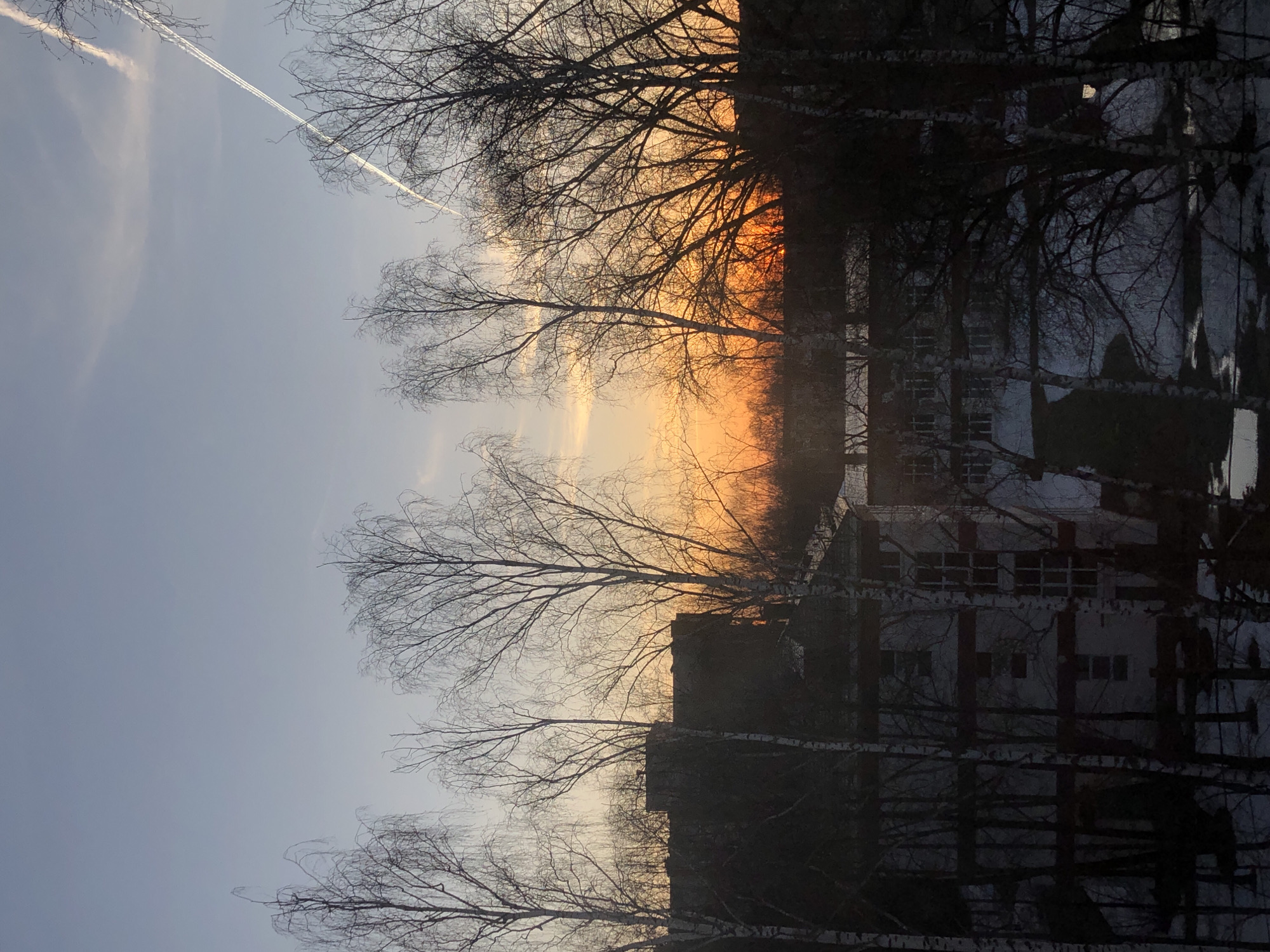 The image depicts a sunset scene in what appears to be an urban area. A multi-story building with visible windows is partially obscured by bare trees, likely birch, which are common in Russia. The sky transitions from a pale blue to a fiery orange and yellow where the sun is setting. A contrail from an airplane is visible in the upper left of the frame. Based on the prompt, the location is Chaikovsky, Russia, and the image is likely taken during a time of year when trees have lost their leaves. The angle of the shot is such that the building and trees are framed against the sunset, suggesting a focus on the natural elements of the landscape interacting with the built environment.