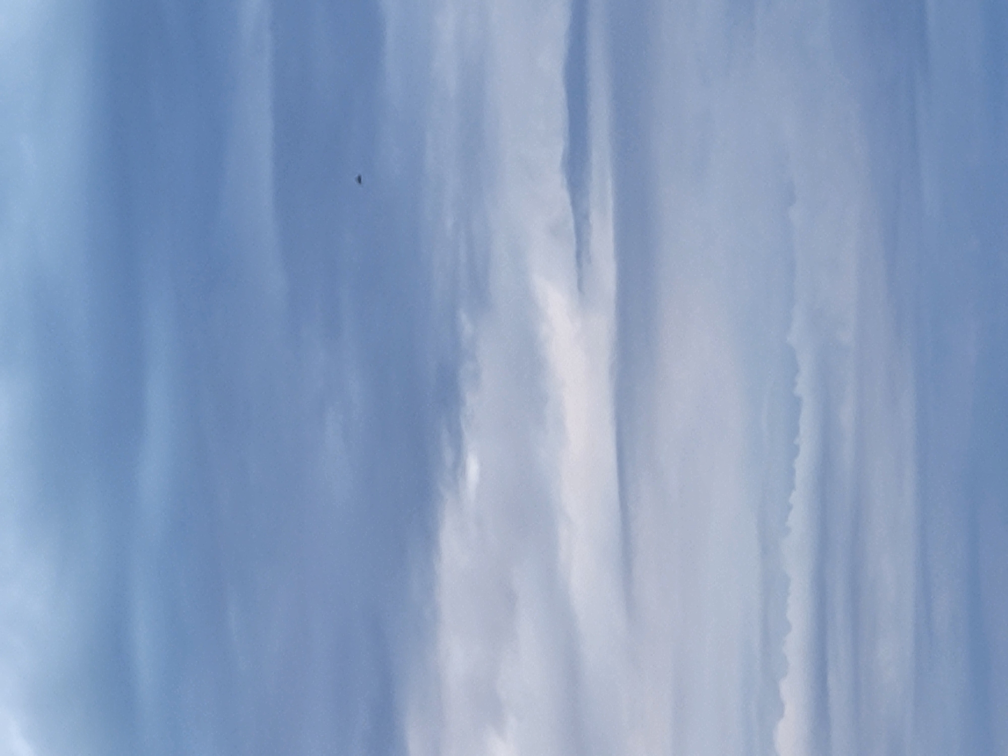 The image is a vertical, full-frame photograph of a cloudy sky with a small, dark object suspended in the upper right quadrant. The sky is composed of multiple layers of clouds, varying in opacity and texture, rendered in shades of blue and white. The clouds are horizontally striated, suggesting wind movement. The small object appears to be triangular or kite-shaped, with a dark silhouette against the lighter clouds. There are no discernable landmarks or environmental features from a city, indicating an open sky or aerial perspective. The scene is static and devoid of human presence or activity.