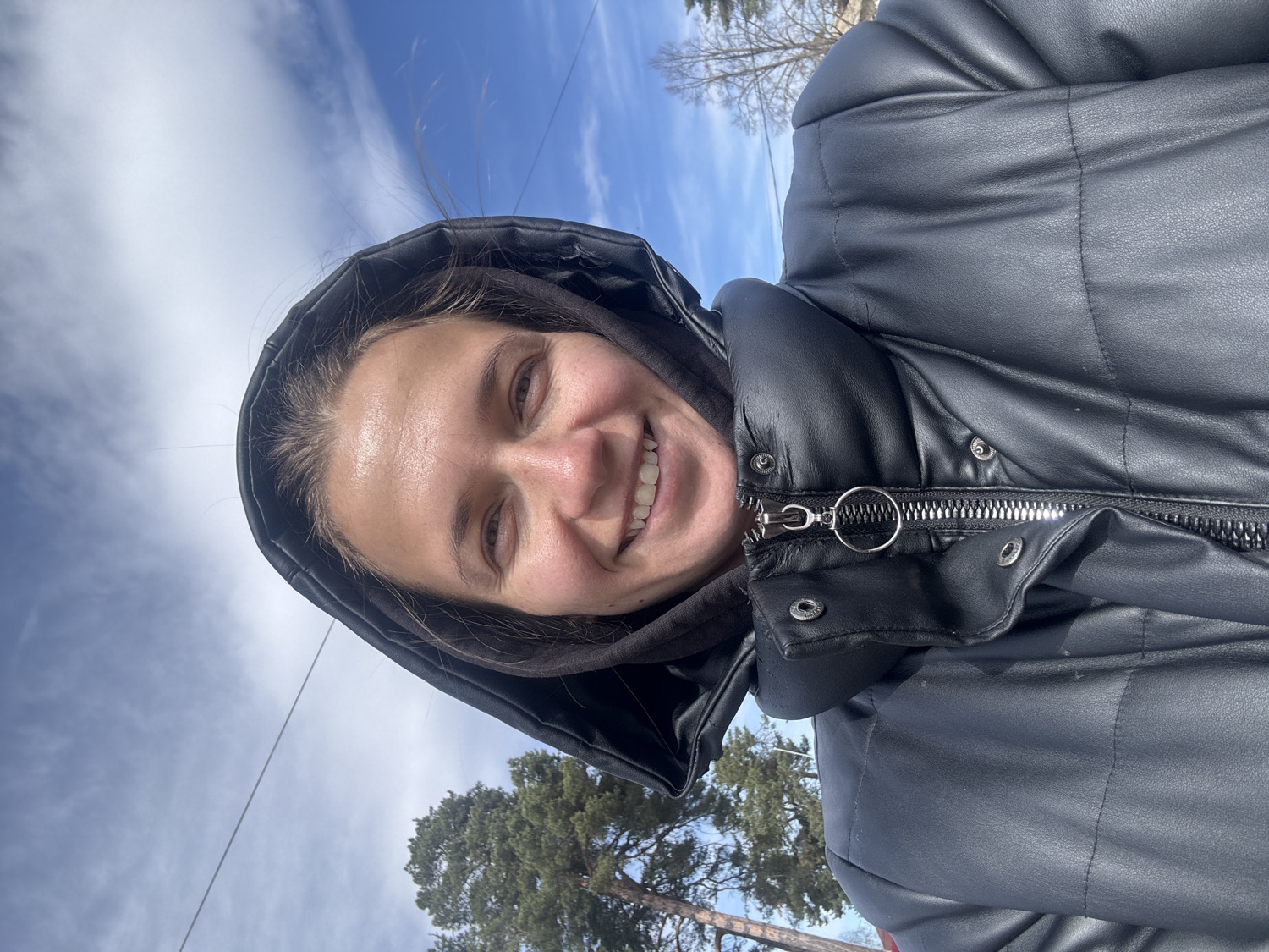 A bright outdoor selfie captures a young adult smiling broadly at the camera. The individual wears a black hooded sweatshirt, with the hood pulled up, and a shiny black puffer jacket. The jacket features a prominent metallic zipper with a circular ring pull and several silver snap buttons, some of which display tiny, illegible text. The person's wide smile and direct gaze convey a sense of happiness or contentment.
The setting is outdoors under a vibrant blue sky dotted with scattered white clouds, suggesting clear and pleasant weather. In the background, bare tree branches are visible against the sky in the upper left, while the dense green crowns of pine trees appear in the lower right. A thin, dark power line or wire stretches across the middle of the sky. The strong natural light indicates it is daytime, and the warm layered clothing suggests a cool ambient temperature. The scene depicts an outdoor environment, consistent with a location such as Раздолье, Russia.