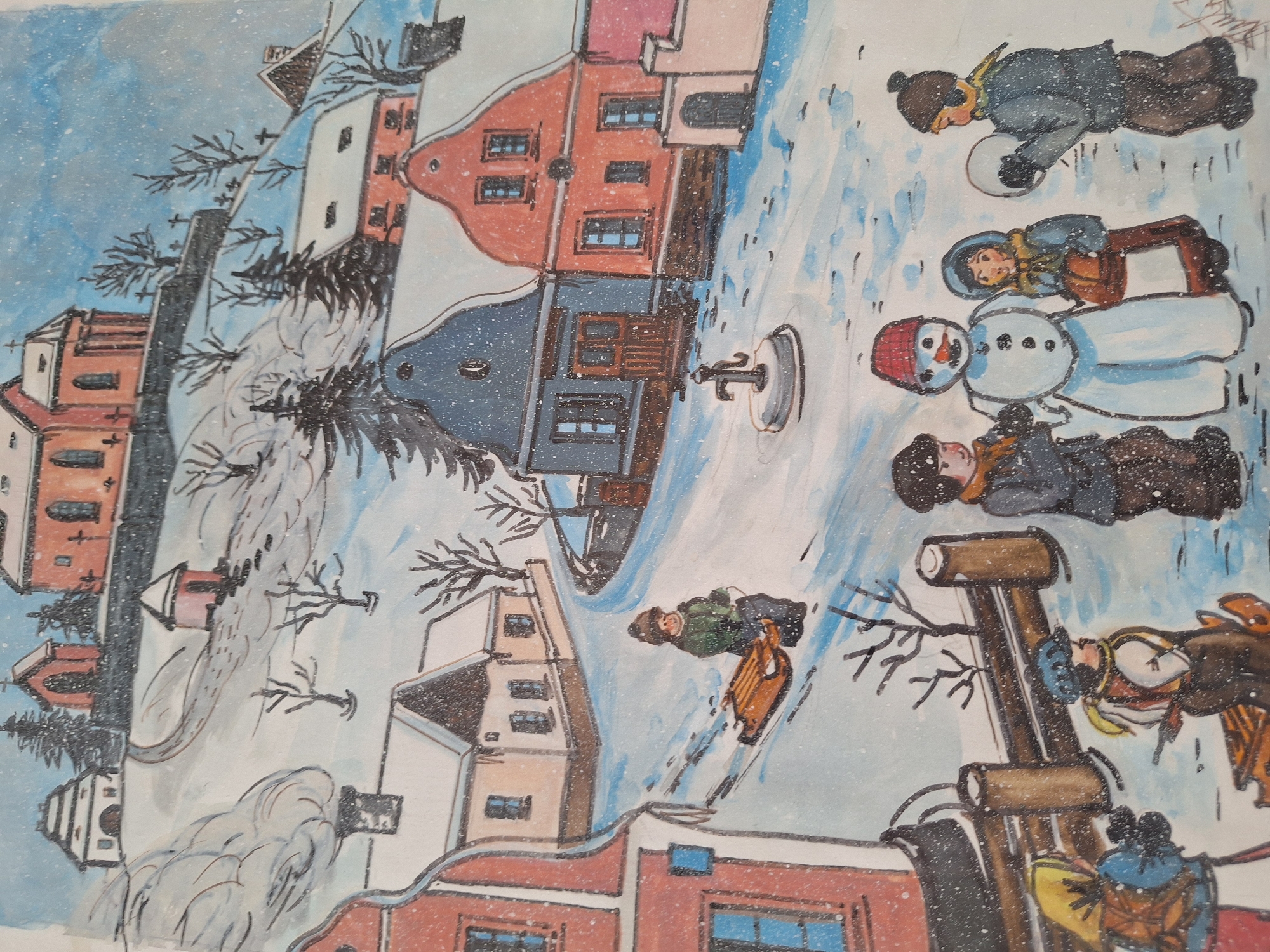 This is a watercolor painting of a snowy village scene. The foreground depicts several children interacting and playing in the snow. One child is pulling a sled uphill, while another group is gathered around a snowman. Two children are holding what appear to be snowball ammunition. Further back, a winding path leads up to a cluster of buildings on a hill, including a church with a red roof and a small chapel. Smoke is rising from a chimney on a building in the mid-ground. The overall impression is one of a cold, winter day with children enjoying outdoor activities. There is no specific indication of the city of Prague, Czechia within the image.