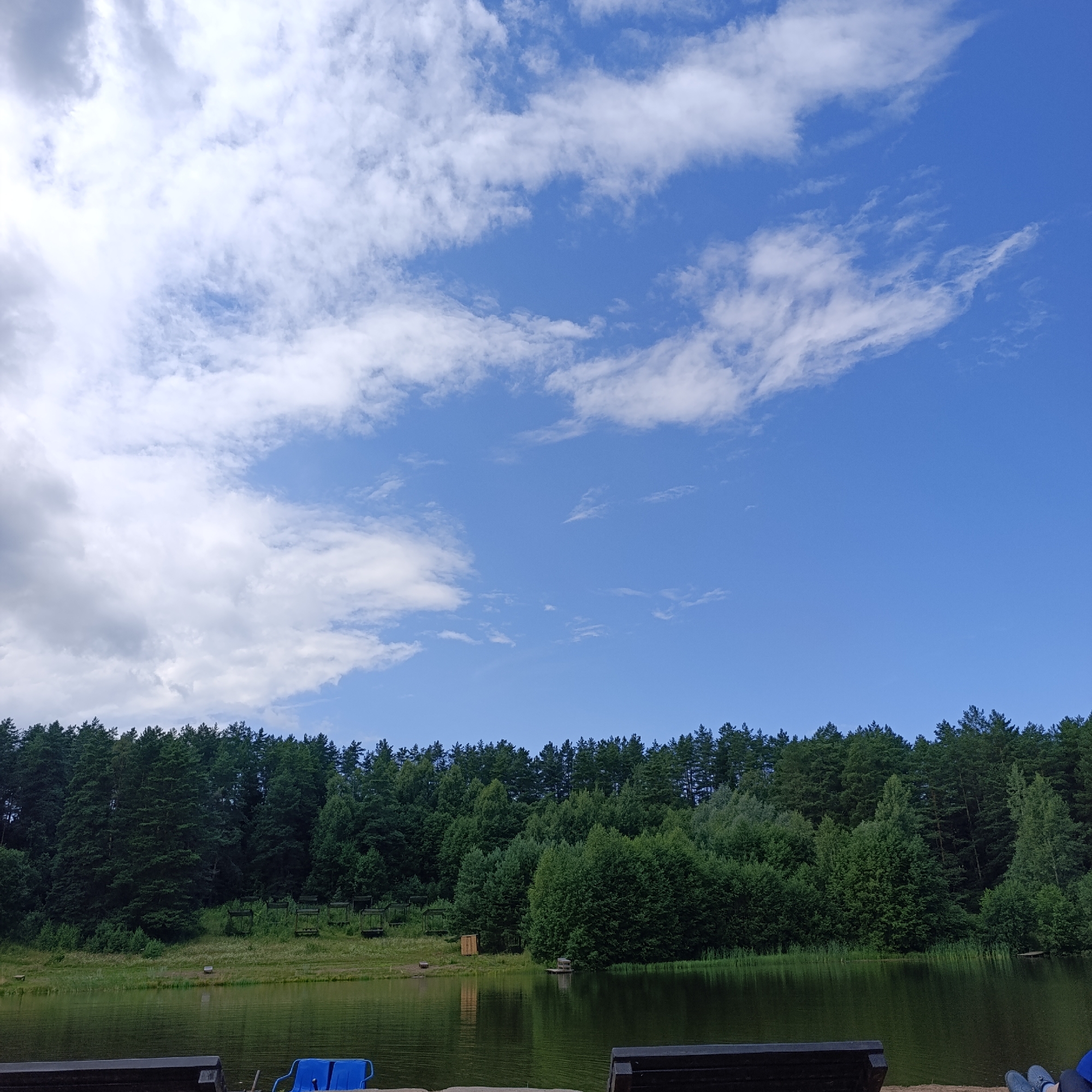 The image depicts a serene landscape featuring a calm body of water in the foreground, reflecting the bright blue sky dotted with scattered white clouds. A dense line of evergreen trees forms a natural border along the far bank of the water. In the middle ground, several small, open-sided wooden shelters are visible among the trees, suggesting a recreational area. The water's edge is lined with green grass and reeds. In the immediate foreground, a dark wooden bench is partially visible on the right, and on the left, a blue plastic chair is present. The overall impression is one of a peaceful natural setting, likely a park or a lakeside recreational spot in Prikamskii, Russia.