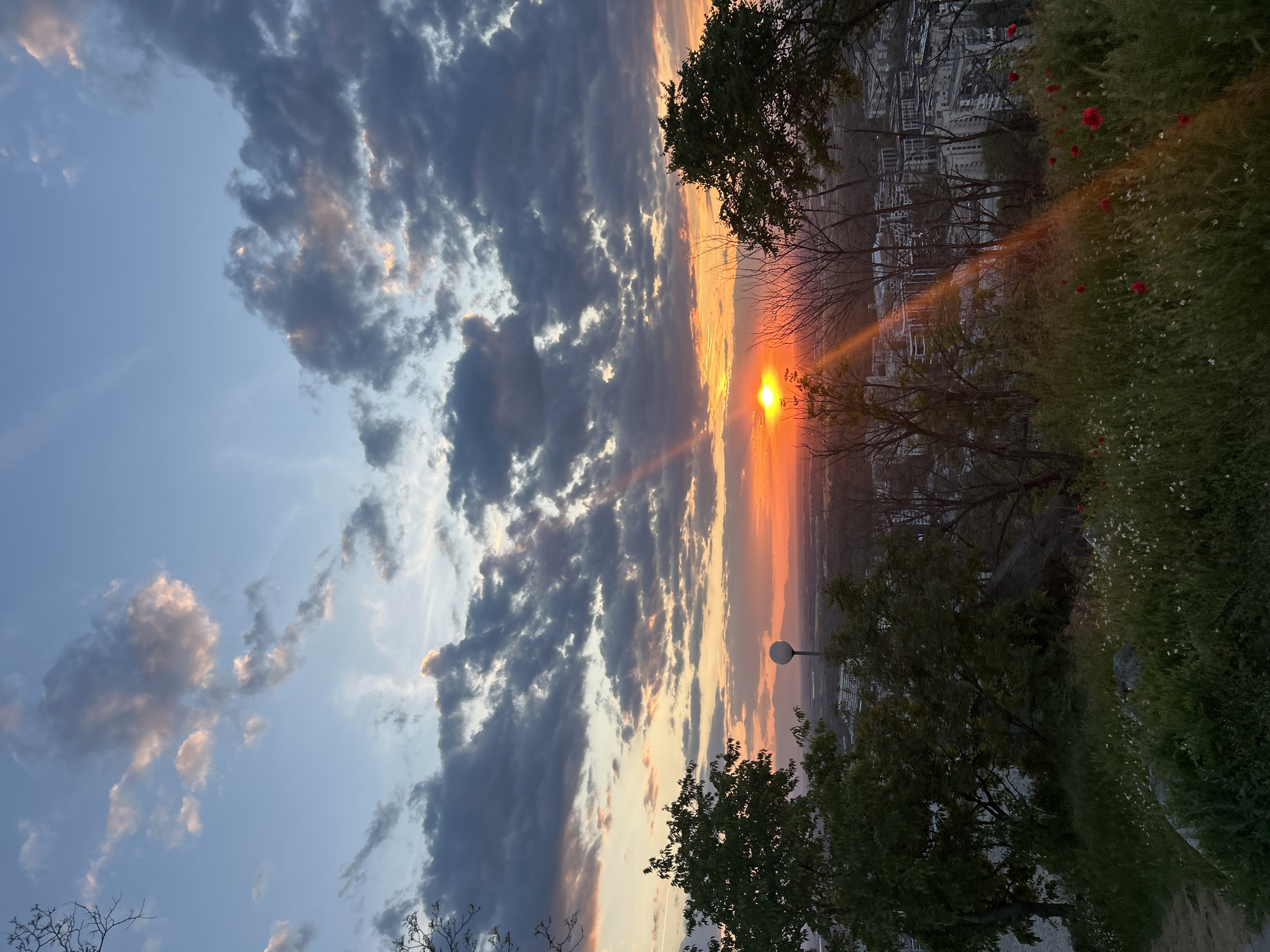 The image depicts a sunset view from a high vantage point, likely in Plovdiv, Bulgaria, given the mention in the prompt.
The sky is filled with dramatic clouds. On the left, the clouds are lighter and more scattered against a blue sky. Toward the center, the clouds are darker and denser, illuminated by the orange and yellow light of the setting sun. The sun itself is partially obscured by clouds.
Below the sky, an orange and yellow horizon line indicates the sunset. Below the horizon, a cityscape is visible, though the details are obscured by the fading light.
In the foreground, there are trees and vegetation. The trees are silhouetted against the sky. There is a patch of grass with small white and red flowers on the upper right. A lamppost is visible toward the bottom center of the image.
