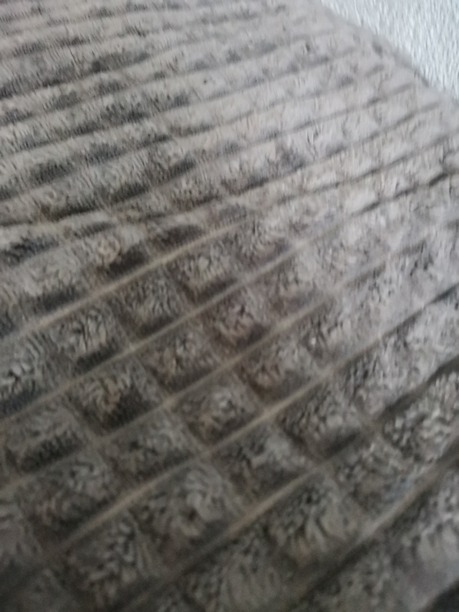 The image displays a close-up, slightly out-of-focus view of a grey, textured textile surface, located in Pokrovnik, Bulgaria. The primary subject is a plush fabric, possibly a blanket or cushion cover, distinguished by a repeating pattern of raised, roughly diagonal linear elements that create a grid-like structure. Within the recessed areas formed by this grid, the fabric exhibits a dense, shaggy, or piled texture, contrasting with the flatter, more defined appearance of the raised lines. The color palette consists of various shades of mottled medium to dark grey, with natural shadows and highlights accentuating the textile's three-dimensional quality. A lighter, subtly textured surface is visible along the upper right edge, indicating an adjacent object or background element. No individuals, specific actions, or other identifying objects are present in the frame.