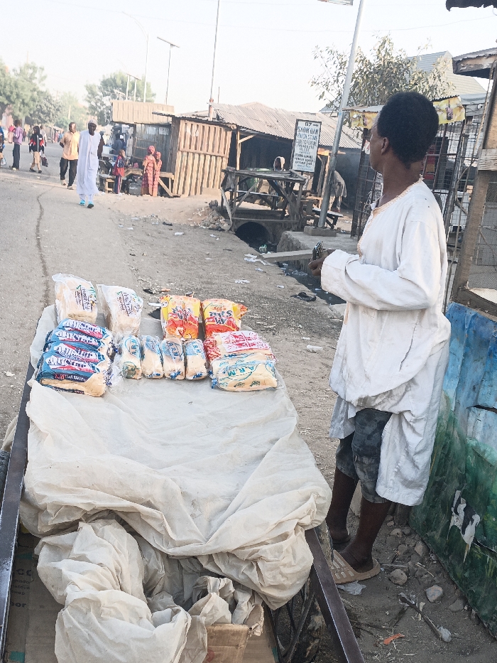This media file depicts an outdoor street scene in Gawuna, Nigeria, likely a roadside market or vendor stall during daylight hours. The sky appears clear with soft, even lighting, suggesting either morning or late afternoon.
In the foreground to the right, a person stands facing left, looking towards the street. They are wearing a long, light-colored tunic over dark shorts and have short, dark, curly hair. Their right hand holds several small, rectangular items, possibly cards or currency. Immediately to their left is a cart or table covered with a light-colored cloth, displaying various packaged goods for sale. These items, enclosed in clear plastic, appear to be food products like bread or snacks. Visible branding on some packages includes "A.R.M," "SADAQAH," and "SAMIRA."
Behind the vendor, a dusty or unpaved road stretches into the mid-distance, where several people are walking. One person in the mid-left wears a long white garment similar to the vendor's tunic. Along the right side of the road, a narrow open drainage channel runs past several informal structures. These makeshift buildings or stalls are constructed from wood and corrugated metal sheets. A sign on one of these background structures is partially visible, displaying text like "SADAKAN ILLAH" and "MAKA," possibly indicating a religious or charitable message. Further to the right, a simple painting of a black and white cow is visible on a wall or barrier. The scene captures a moment of daily commerce and life in a local community setting.