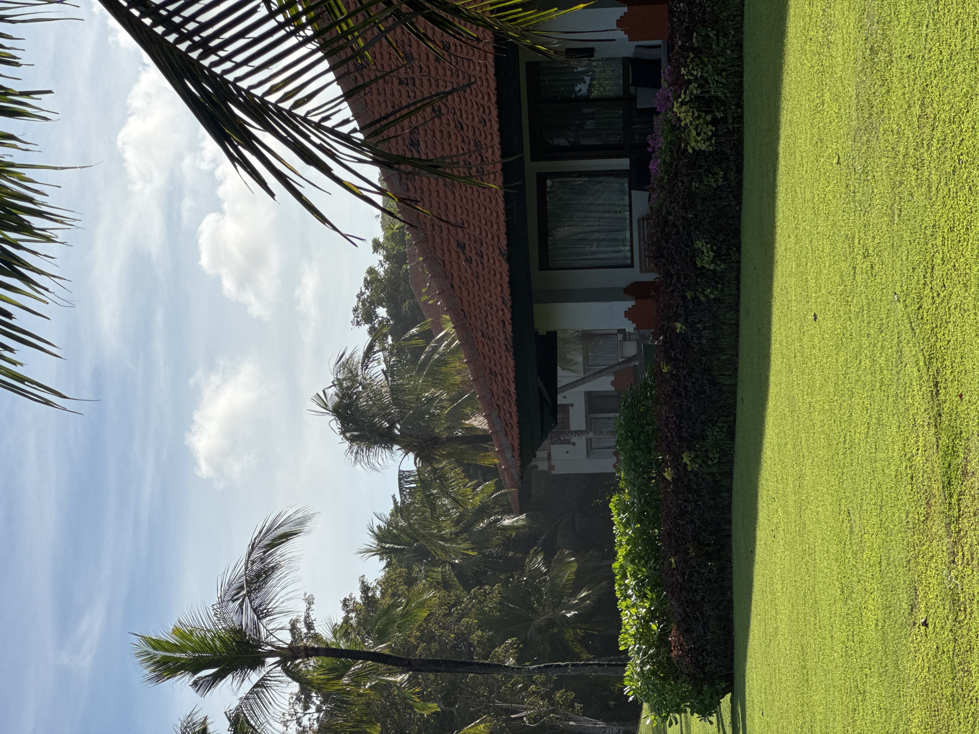 This image, taken in Kuta Selatan, Indonesia, shows a building with a red tiled roof partially obscured by palm trees. The sky is blue with scattered clouds. A green lawn is adjacent to the building, separated by a line of shrubs. The image is rotated 90 degrees clockwise. No people are visible.