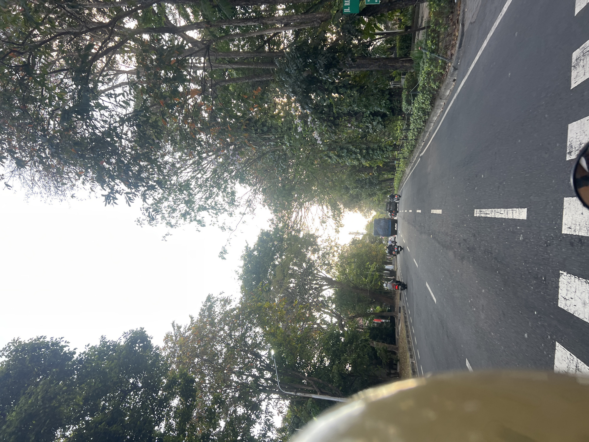 The image depicts a street scene in Denpasar, Indonesia, looking forward from the perspective of a motorcycle rider. A paved road with white lane markings stretches into the distance, flanked by a sidewalk and a line of trees on either side. The trees are lush and green, with some leaves showing hints of autumn colors. Sunlight filters through the leaves, creating dappled shadows on the road.
Several vehicles are visible on the road, including motorcycles and a blue truck. Two motorcycles are in the foreground, one to the left and one to the right, moving in the same direction as the viewer. A truck is further ahead in the right lane. A street lamp is visible on the left side of the road. A green street sign with white text, reading "JL. RA," is partially visible on the right side of the image. The sky is bright and overcast, suggesting either early morning or late afternoon light. The overall impression is a serene drive through a tree-lined urban environment.