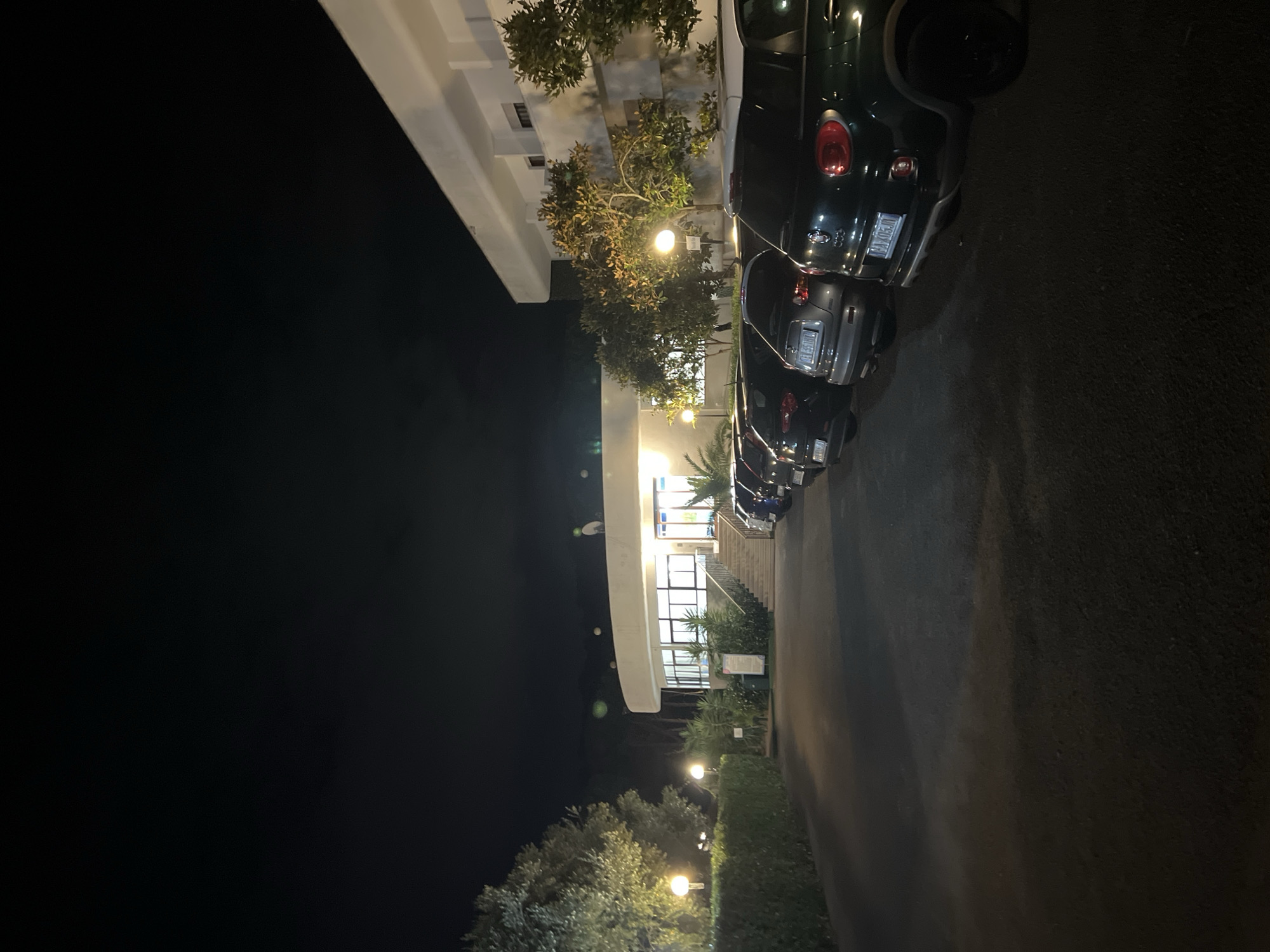 The image captures a nighttime scene in front of a building, likely a hotel or resort, in Peschici, Italy. A row of parked cars is visible in the foreground and midground, illuminated by streetlights and the building's interior lights. The building itself is modern and white, with multiple stories and large windows. Trees and manicured hedges line the driveway and parking area, adding a touch of nature to the urban setting. The sky is dark, indicating it is nighttime, with faint lights visible in the distance. The overall impression is one of a quiet, well-lit, and orderly environment.