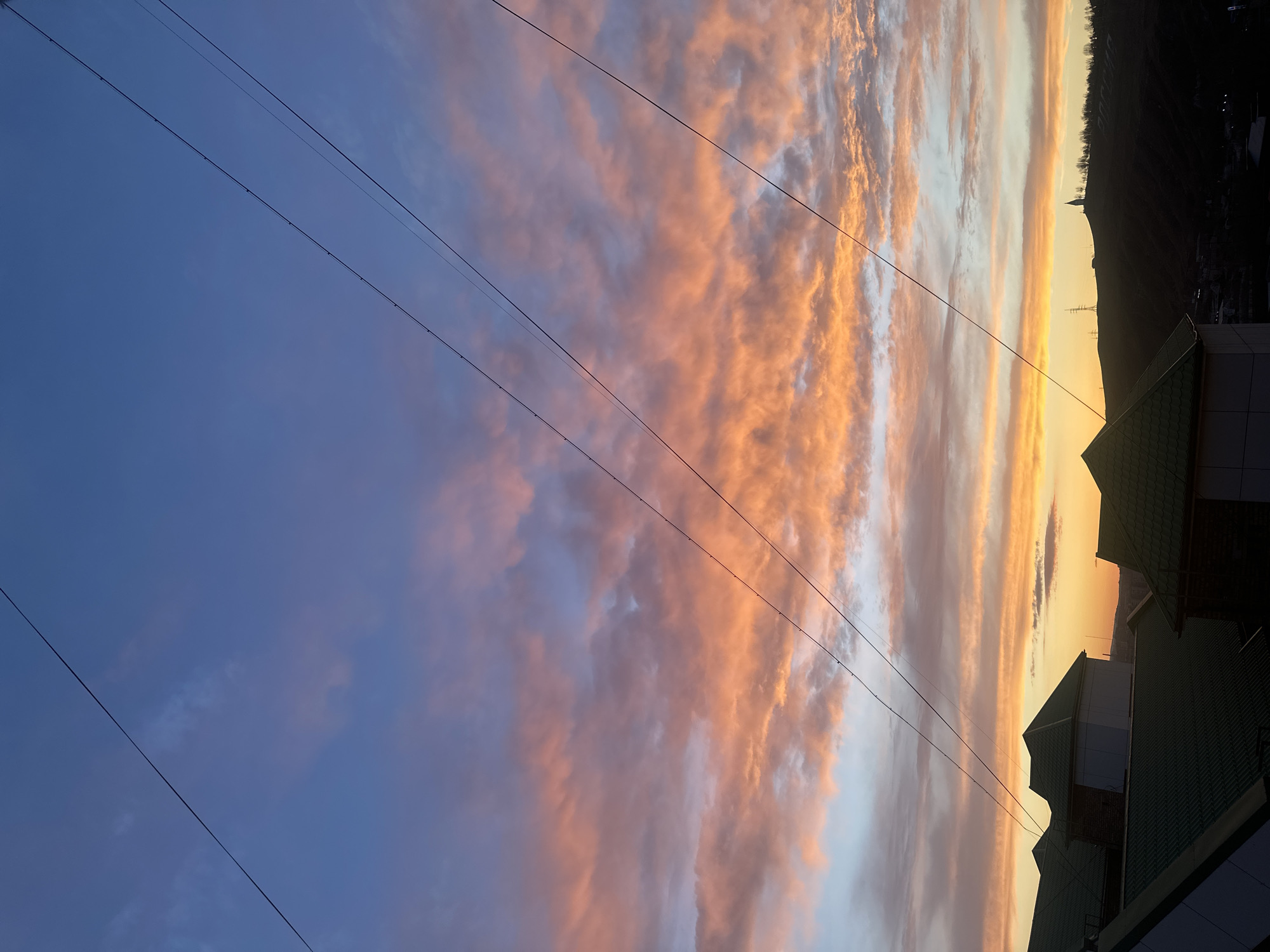 This vertical image captures a dramatic sunset or sunrise over what appears to be an urban or suburban landscape in Krasnoyarsk, Russia. The sky dominates the majority of the frame, transitioning from a deep, clear blue on the far left to vibrant, streaky clouds of orange, pink, and yellow in the center and right. These clouds are brilliantly illuminated by the low sun, creating a dynamic and colorful display.
Several thin, dark power lines run diagonally across the sky, starting from the upper left corner and extending downwards through the blue and colorful cloud sections. Some small, dark, bead-like elements are visible along these lines, likely insulators or connecting points.
On the far right side of the image, a distinct horizon line is visible, bathed in a bright yellow and orange glow from the sun. Silhouetted against this bright light are distant, rolling hills or mountains, which appear dark and featureless. Scattered structures, possibly utility towers or buildings, can be faintly seen on these distant landforms.
In the lower right foreground, parts of buildings are visible, characterized by their dark green, possibly tiled, pitched roofs and lighter-colored walls. These structures suggest a developed area beneath the expansive sky.
The scene conveys the peaceful and awe-inspiring beauty of dawn or dusk, with no human activity directly visible. There is no visible text in the image.