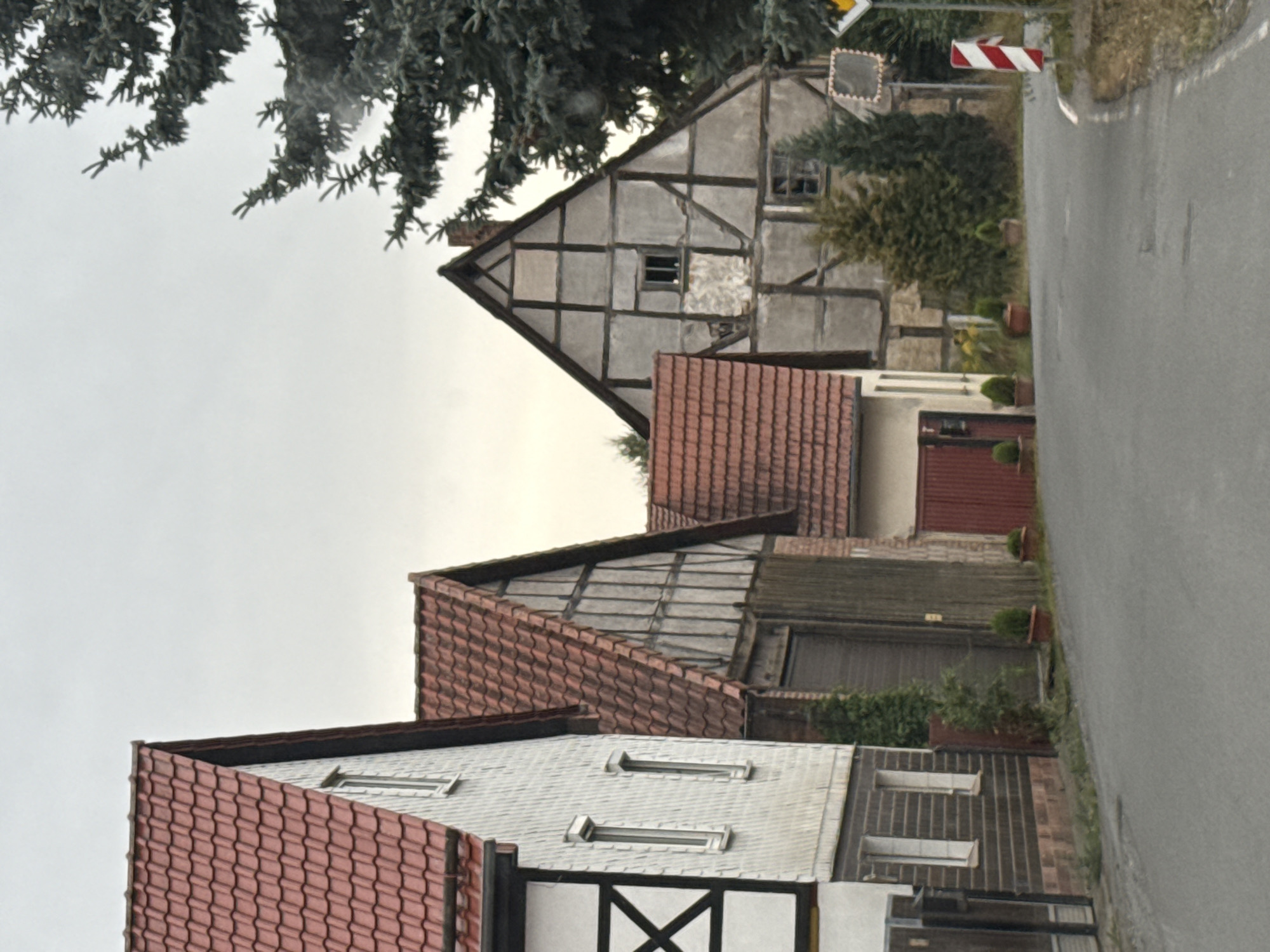 The image depicts a street in the town of Hohenstein, Germany, featuring traditional half-timbered houses. On the left, a building with a red tiled roof and white siding is visible, featuring dark timber framing elements. Adjacent to it, another building shares a similar red tiled roof and has a large, weathered wooden door. Further to the right, a prominent half-timbered house with a steep gabled roof dominates the scene. Its grey plaster walls are crisscrossed with dark wooden beams, and it has small, dark-paned windows. A tall evergreen tree stands to the right of this house, partially obscuring a sign with a diamond shape and a white border. A red and white striped directional sign is also present on the right side of the road. The road itself is asphalt and appears to be slightly wet. The sky is overcast, suggesting a cloudy day. Several potted plants are visible along the street in front of the houses. There are no people or vehicles present in the image.