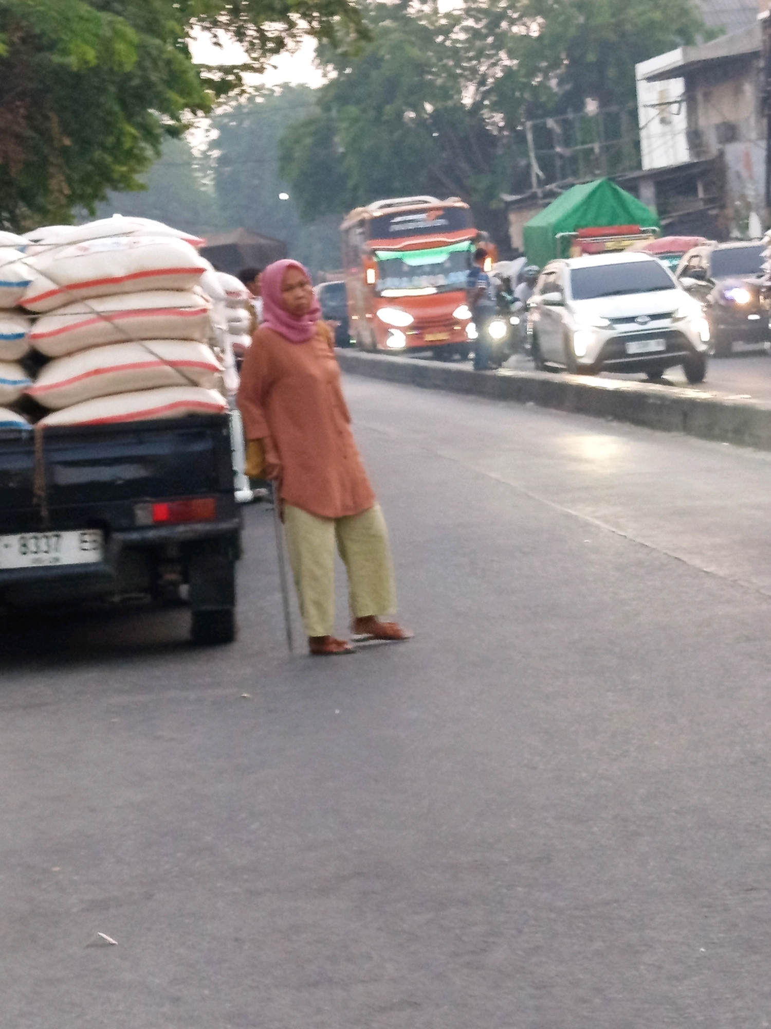 An elderly woman wearing a pink hijab and an orange tunic stands on a paved road in Karawang, Indonesia. She is holding a cane and appears to be leaning on it for support. The woman is facing towards the right side of the image, with her head slightly turned towards the viewer. Behind her, a black pick-up truck is parked, loaded with large white sacks. The truck has a license plate that reads "B 8337 EB". In the background, there is a busy street with various vehicles, including cars, a bus, and motorcycles. The environment suggests a commercial area or a market, with buildings and trees visible along the roadside. The lighting indicates it is either early morning or late afternoon, with soft, diffused light.