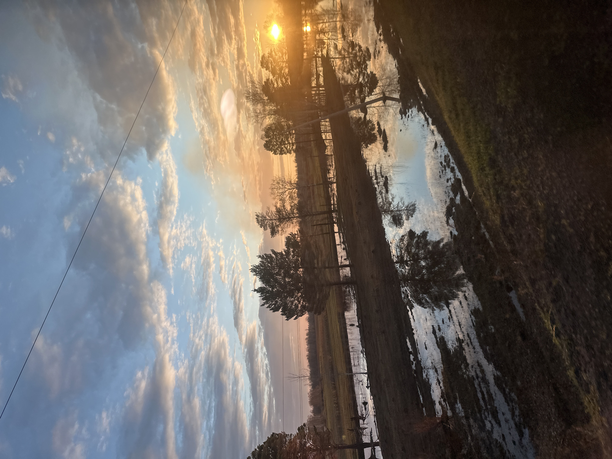 The image depicts a rural landscape at sunrise or sunset, likely in Elovoe, Russia, though specific indicators are absent. The sky is filled with layered clouds illuminated by the sun's golden light, transitioning to blue in the lower portion. A power line diagonally crosses the frame from the lower-left towards the upper-middle section. A line of trees stands in the middle ground, their reflections visible in a body of water running parallel to them. The foreground is a field partially covered in water, with details obscured by shadows. There are no visible people, specific actions, or interactions in the image. The overall environment conveys a tranquil, natural setting.