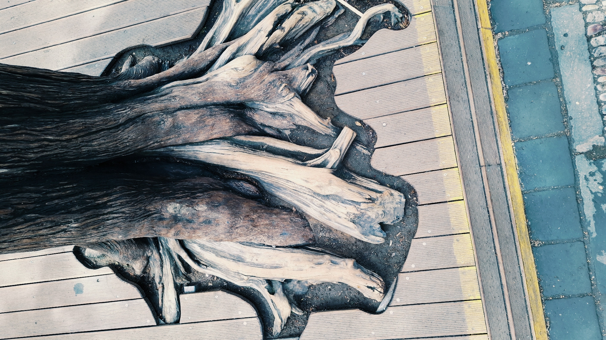 An aerial view shows a driftwood pile on a boardwalk in Haidian District, China. The driftwood is arranged on a dark, amorphous patch of soil or debris set into the boardwalk. The boardwalk is made of light brown, horizontal planks. A grey, ribbed transition strip with a yellow border runs along the edge of the boardwalk. Beyond the transition strip is a paved surface of blue-grey bricks or cobblestones. The scene suggests a park, garden, or other designed landscape.