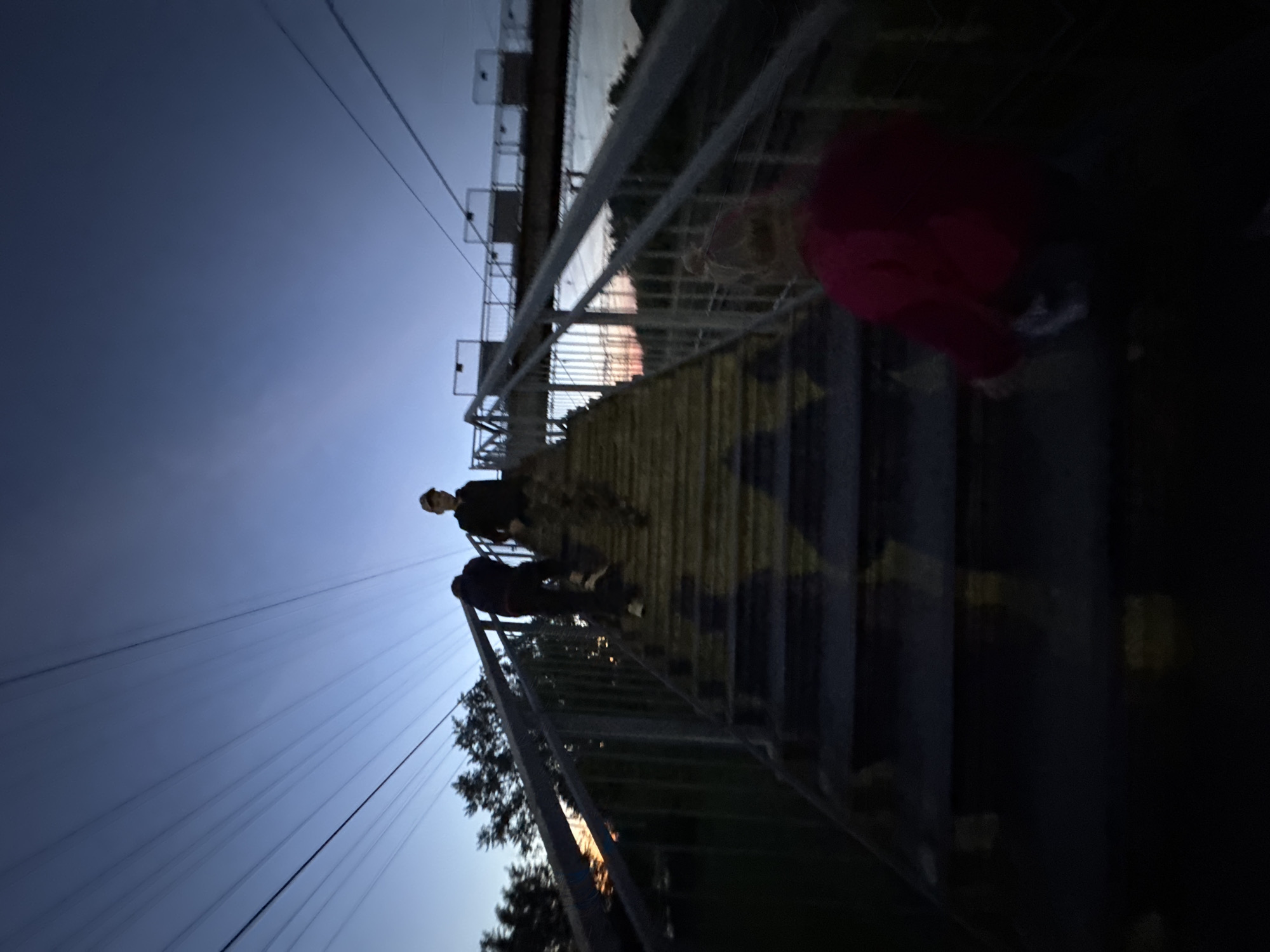The image shows a low-angle view of a bridge, possibly a pedestrian overpass, in an urban or semi-urban area. Two people are walking on the bridge, their figures silhouetted against the evening sky. A third person, partially obscured, is situated closer to the camera on the bridge. The bridge's structure is metallic, with a textured surface that seems to have a star pattern. Overhead power lines are visible against the blue sky. Trees are present at the base of the bridge on the left. The location may be the city of Ферма, Russia, based on the instructions.