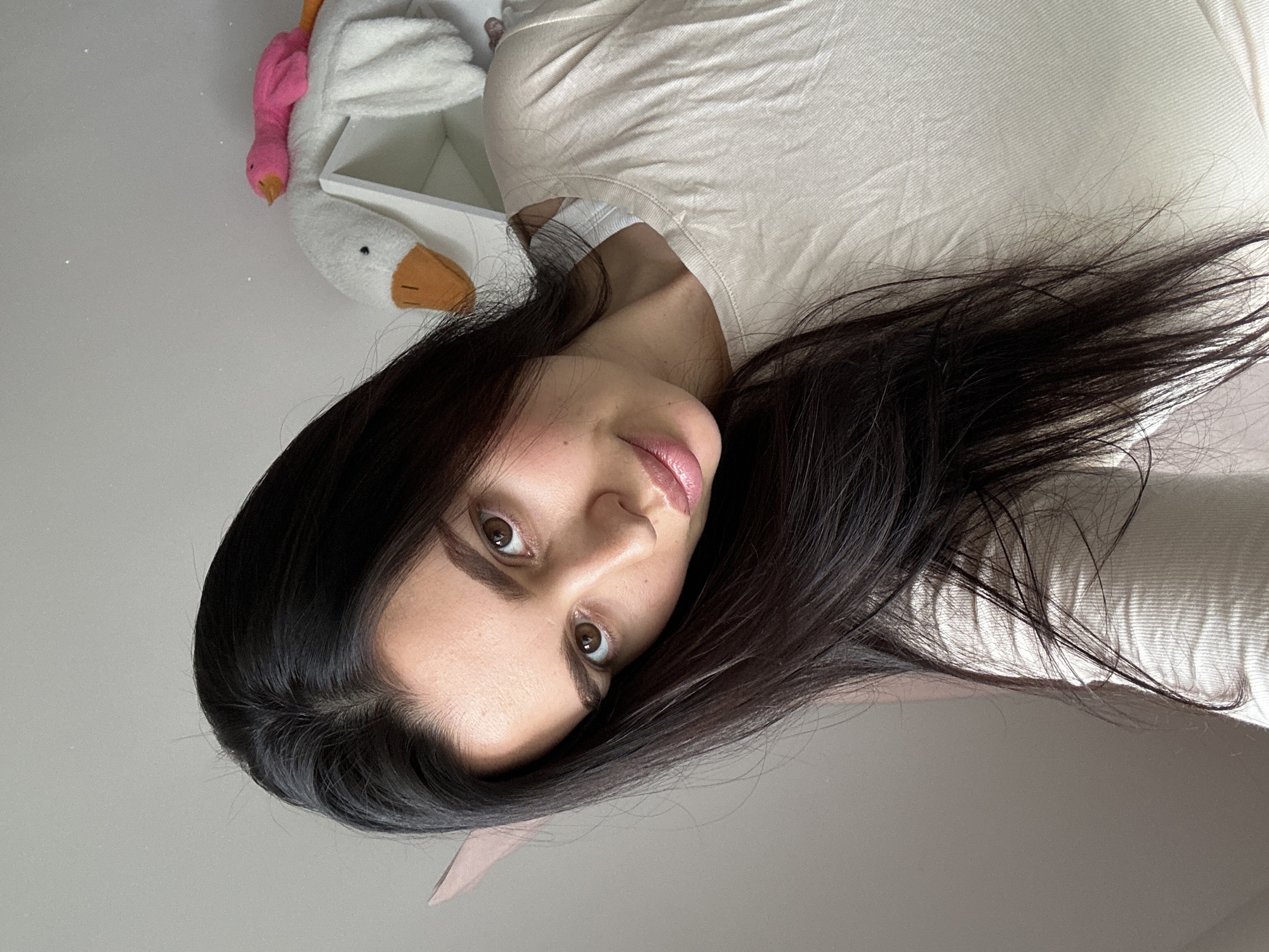 A woman with long, dark hair is depicted in the image. Her hair cascades around her face, framing her features. She has light skin, brown eyes, and pink lips. The woman is wearing a light-colored top. In the upper left corner, there is a white goose-shaped object with a pink flamingo attached. The background is a light, neutral color, possibly a wall. The location is Chaikovsky, Russia.