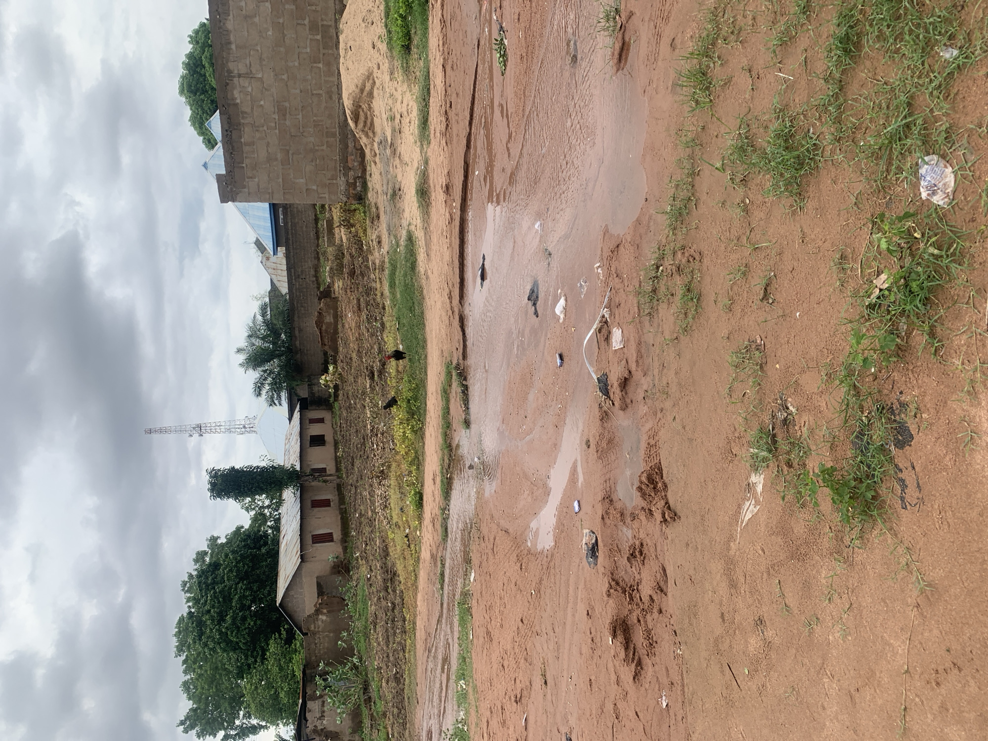 This image depicts a scene in Jauro Yinu, Nigeria, characterized by a muddy, reddish-brown dirt path with a small stream of water flowing across it. The surrounding environment is arid, with sparse patches of green grass growing on the dirt. In the background, several structures are visible, including a long, low-slung building with a corrugated metal roof and red-trimmed windows. Adjacent to it is a partially constructed building made of concrete blocks, topped with a flat roof. Further in the distance, a prominent telecommunications tower pierces the overcast sky. Two chickens are present in the mid-ground, one black and one brown and black, standing on the grass near the stream. Scattered across the dirt path are various pieces of litter, including plastic bags and wrappers. The overall impression is one of a rural or semi-urban setting undergoing development, with evidence of recent rainfall or a water source contributing to the muddy conditions.