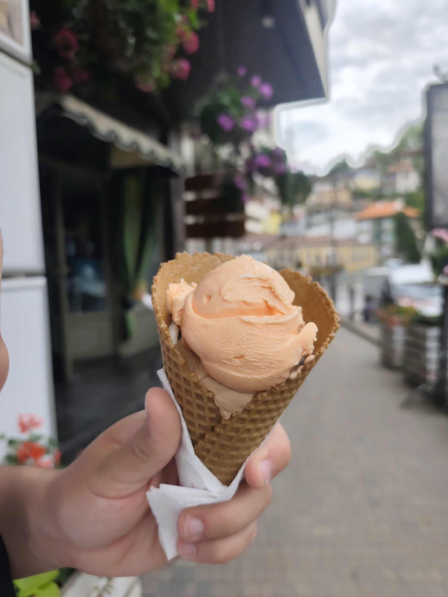 The image shows a person holding an ice cream cone. The cone is filled with two flavors of ice cream, one a pale brown color and the other a light orange hue. The cone is held in a hand, with a white napkin wrapped around the base to catch drips.
The background is slightly blurred, suggesting the picture was taken with a shallow depth of field. It appears to be an outdoor setting, with buildings visible in the distance. There are flowers in hanging planters and a street scene.
The location appears to be a city, but its name is unknown. The presence of older architecture suggests the city may have some history to it.