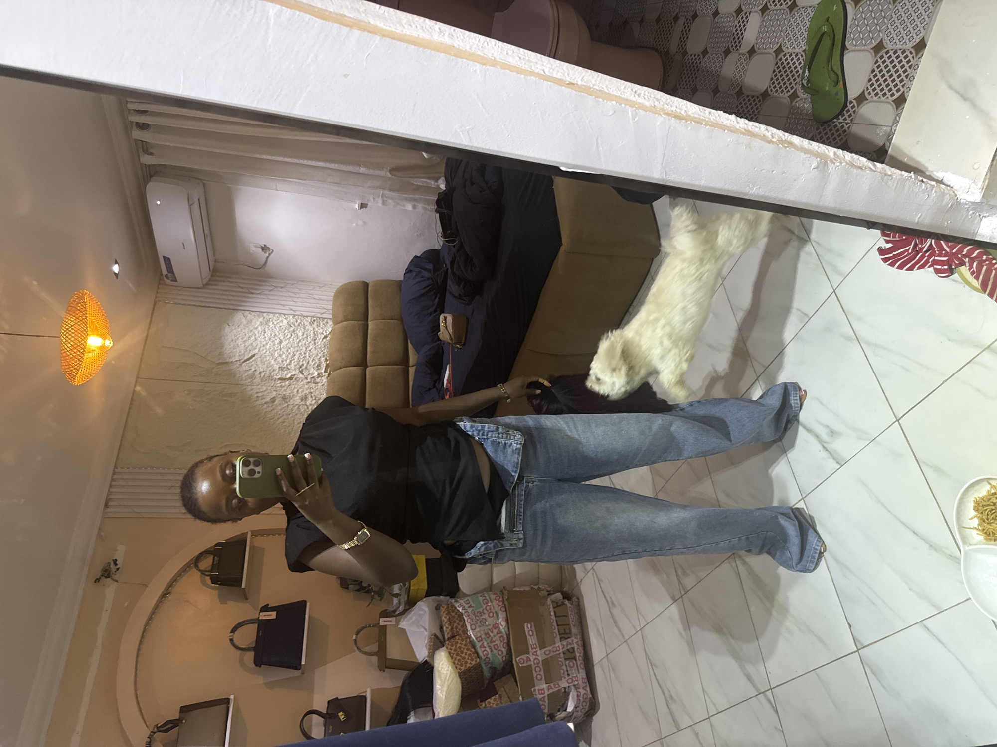 In a room in Abuja, Nigeria, a woman stands in front of a mirror, taking a photo of herself. She is wearing a black sleeveless top and light-wash wide-leg jeans. The room appears to be a bedroom, with a large bed in the background. There are several handbags displayed on shelves on the left wall. A small white dog is jumping in the air in front of the woman, captured mid-flight in the mirror's reflection. The floor is tiled, and a white air conditioning unit is mounted on the wall. A wicker lampshade hangs from the ceiling.