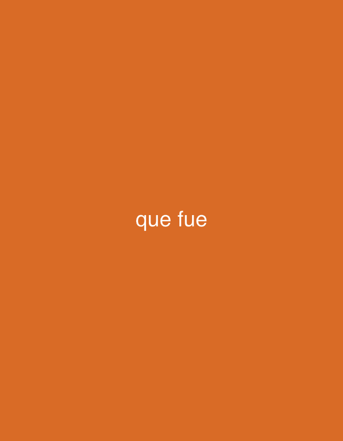 The image displays a solid, vibrant orange background. Centered horizontally and slightly above the vertical midpoint of the frame, the white text "que fue" is visible. The font appears to be a clean, sans-serif style with regular weight. There are no other subjects present, such as people or objects, nor is any specific activity or event depicted. The minimalist composition focuses solely on the colorful background and the text. Notable details like time of day, weather, or specific emotions are not discernible from the image itself. Given the provided location context of Santa Ana, Venezuela, the Spanish phrase "que fue" could translate to "what was it?", "what happened?", or informally, "what's up?". The image itself lacks further visual cues to clarify its purpose or a more precise meaning of the text.
