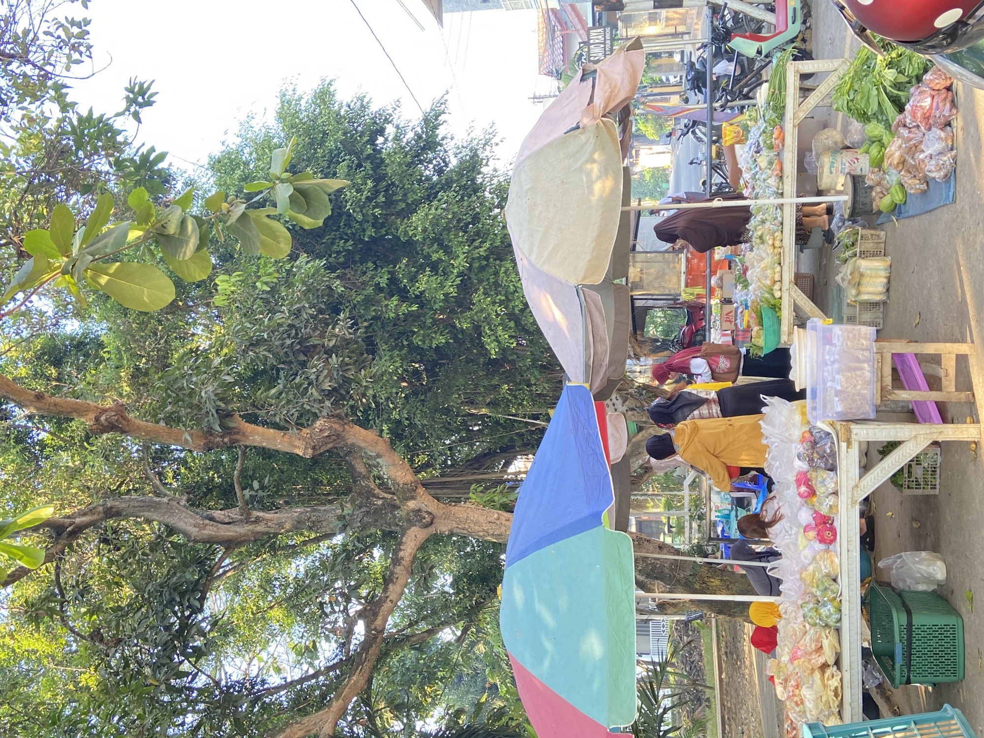 A street market scene is depicted under the shade of large trees, likely in Kecamatan Pati, Indonesia. Two colorful market stalls are set up, one with a red, blue, and green striped umbrella, and another with a beige and brown striped umbrella. The stalls display a variety of fresh produce, including leafy greens, root vegetables, and fruits, packaged in plastic bags and baskets. Several people are present at the stalls, some appearing to be vendors and others customers. One woman in a yellow jacket is interacting with another person. In the background, a street is visible with parked motorcycles and buildings. The overall atmosphere suggests a typical daily market environment in a tropical setting, with natural foliage providing shade and a backdrop to the commercial activity.