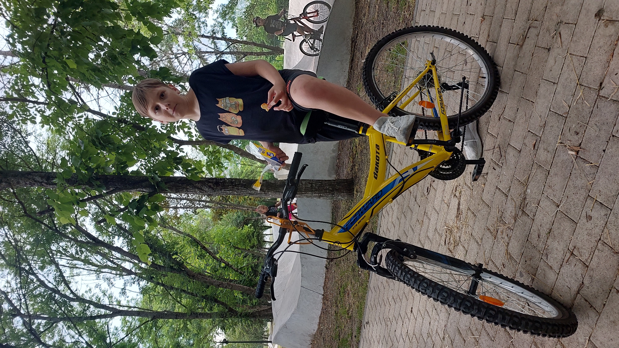 In a park setting in Lermontov, Russia, a young boy with blond hair stands next to a bright yellow bicycle. He is wearing a black t-shirt with a cartoon cat design and black shorts. He is holding a small, light-colored snack in his right hand and a plastic wrapper in his left. The bicycle is a "DAKOTA" model, featuring blue accents and "FORWARD" branding. The boy's left foot is resting on a pedal, and his right foot is on the ground.
In the background, another person is visible riding a bicycle on a paved surface that appears to be a skate park or a similar recreational area. The ground is paved with light-colored bricks or tiles, and dry grass and leaves are scattered on the surface. Tall trees with lush green foliage surround the area, suggesting a warm, possibly summer, day. The overall mood seems relaxed and casual, implying a leisure activity. The lighting suggests it is daytime.