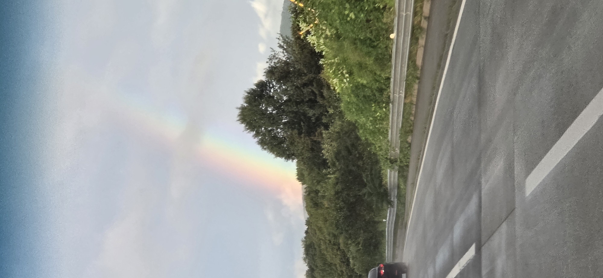 The image shows a rainbow in the sky above a tree-lined highway. A dark-colored car is driving on the wet asphalt road. The sky is cloudy, and the light is diffused, suggesting it may be raining or has recently rained. The trees form a dense green border along the side of the road. The scene is calm and serene, with the rainbow adding a touch of natural beauty to the landscape. The image does not provide any specific information or visual cues to indicate a location in Pocheon-si, South Korea.