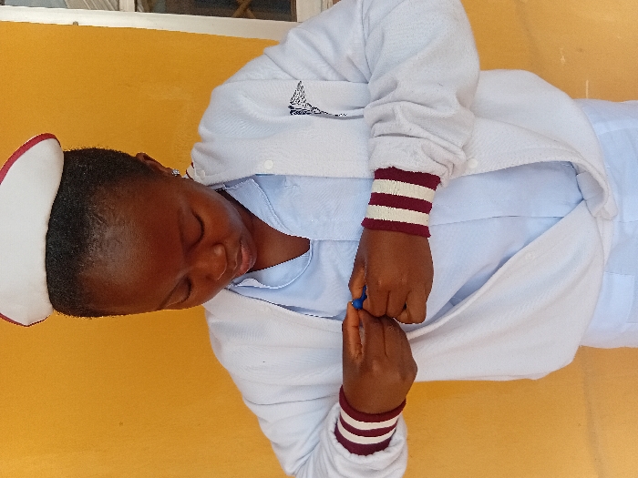 A young Black female is depicted from the upper torso, standing against a plain mustard yellow wall in Ejule, Nigeria. She wears a white nurse's cap with a red band, a light blue uniform shirt, and an open white long-sleeved jacket. The jacket features maroon and white striped cuffs, with a dark emblem, possibly a medical symbol, visible on the left chest. Her head is tilted downwards, eyes focused on her hands, which are clasped at her waist, manipulating a small blue object. A partial view of a white-framed window or structure with dark horizontal bars is visible on the far right of the background.