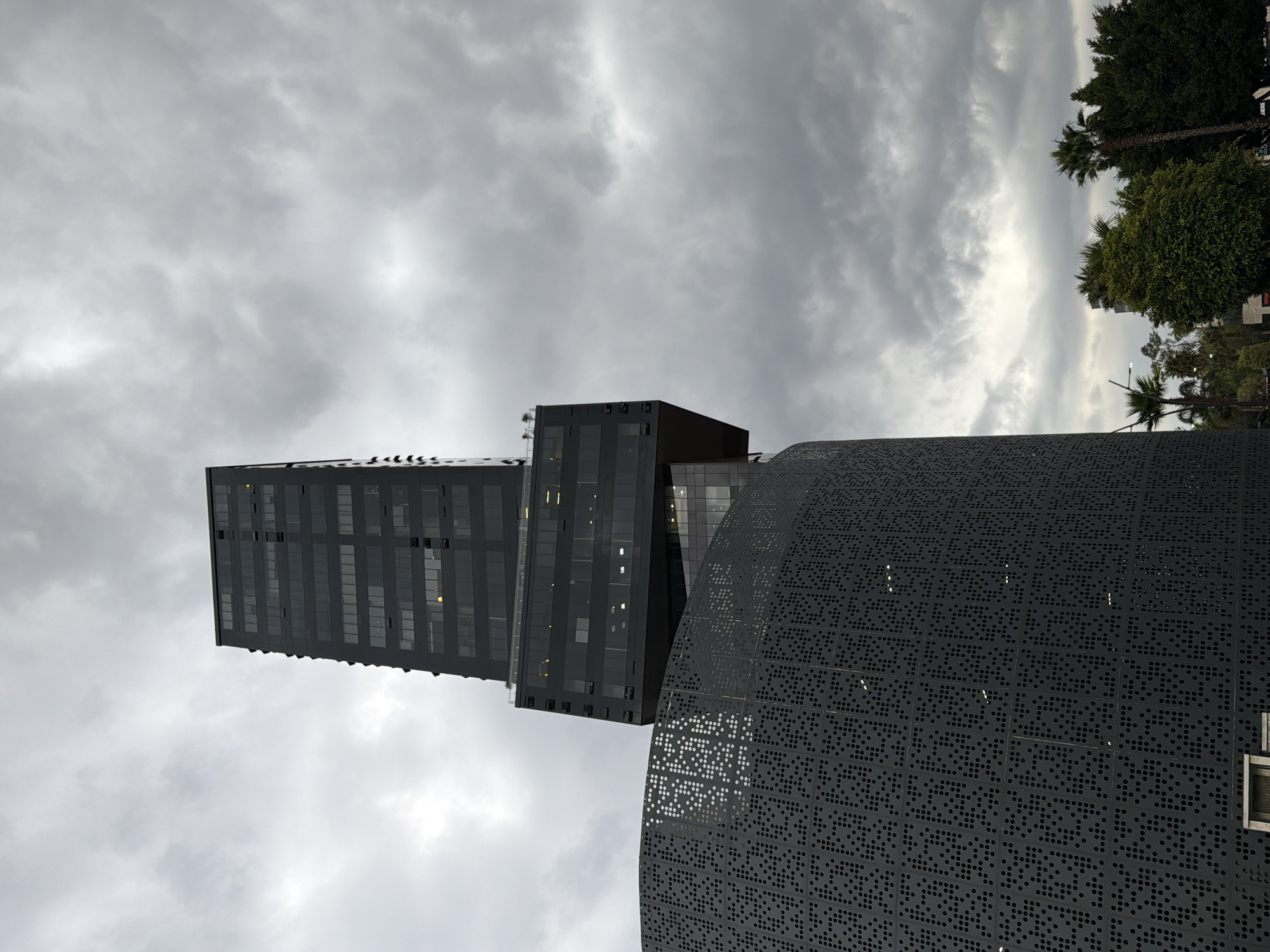 The image depicts a view of architectural structures in Puebla, Mexico, under a cloudy sky. Dominating the composition are three distinct buildings: a tall, slender tower with a dark facade, a shorter block-like structure, and a large, curved building featuring a perforated surface. The trees and a small portion of the cityscape are visible in the background. The overall scene conveys an urban environment with modern architectural design.