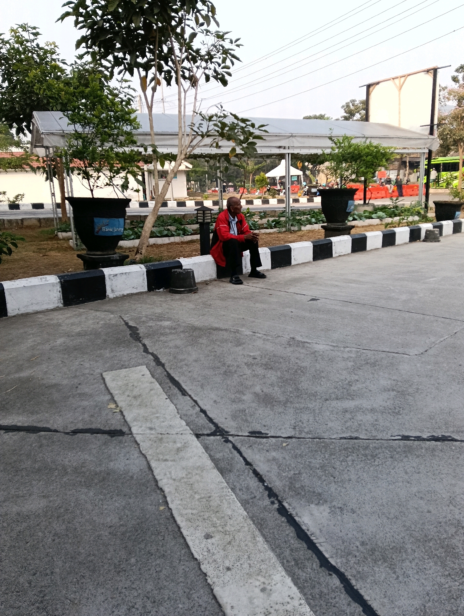 An older man wearing a red jacket and black pants sits on the edge of a concrete curb. He is looking down and to his left. In front of him, a row of planters line the curb, some containing small trees. Beyond the planters, a white-roofed structure with metal supports is visible, and in the background, there is a green bus and more trees. The scene appears to be in an outdoor public area, possibly a park or a waiting area, with power lines visible in the sky. The man is the sole human subject in the frame. The image seems to have been taken in daylight.