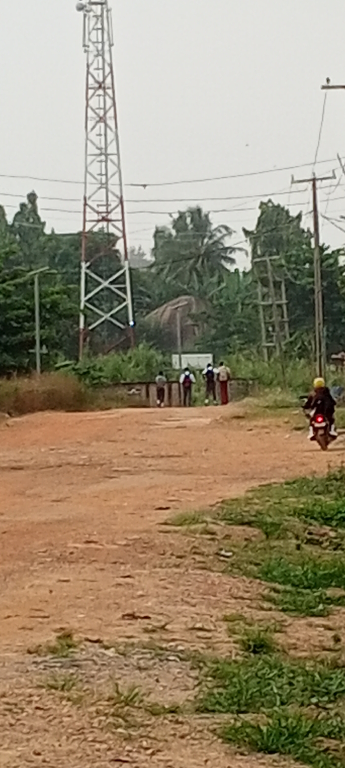 A rural scene features a dirt road, a cell tower, and utility poles against an overcast sky. A group of people stand on a concrete structure near the road. In the foreground, a motorcyclist wearing a yellow helmet rides away from the viewer. Vegetation, including trees and grassy areas, surrounds the scene. A large boulder or rock formation is visible behind the cell tower.