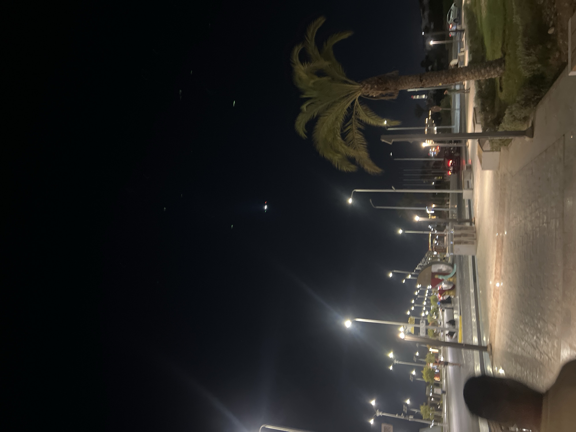 The image depicts a nighttime scene on a pedestrian walkway adjacent to a road in Sharm El Sheikh, Egypt. The walkway is paved with interlocking bricks, and there are streetlights illuminating the path. A palm tree stands prominently in the mid-ground. The road has multiple lanes and is lined with more streetlights. Cars are visible on the road, and a few people are present, some appearing to be walking or sitting. In the distance, there are buildings and signs. The sky is dark, with a few faint lights or possibly stars visible. The overall atmosphere suggests an urban environment at night, with artificial lighting dominating the scene.