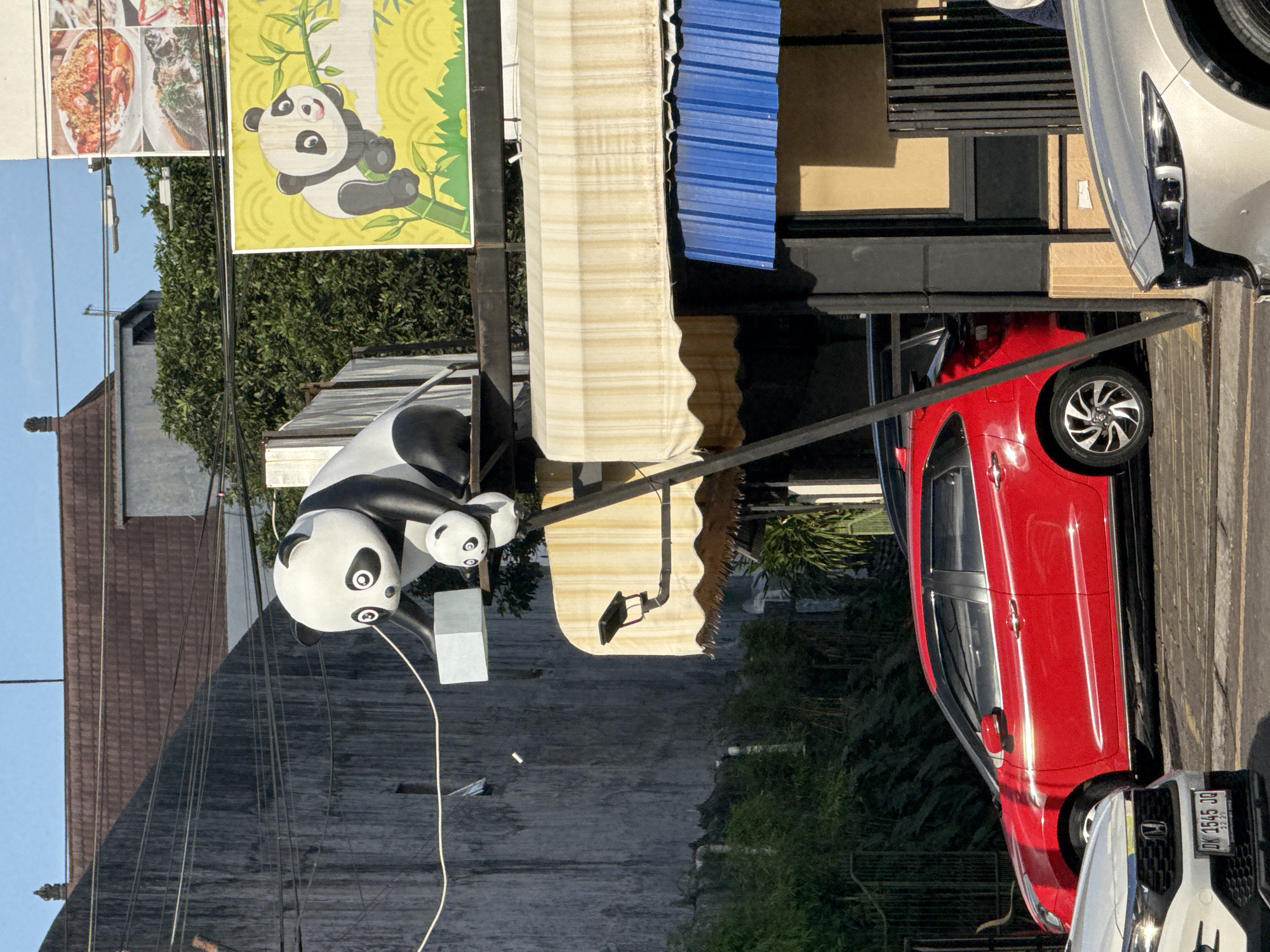This image depicts a street scene in Denpasar, Indonesia, featuring a large statue of a mother panda with a baby panda perched on her chest, situated atop a building's awning. The pandas are black and white, with large, round eyes and simplified features, evoking a cartoonish style. They are positioned on a dark metal platform extending from the building.
Below the panda statue, a light-colored awning with vertical stripes hangs over the building's facade. Beneath this, a blue corrugated metal awning is visible. The building's exterior is a mix of textures and colors, with a rough, gray concrete wall on the left and a lighter, possibly stuccoed section on the right. A large yellow sign with a cartoon panda eating bamboo is mounted on the right side of the building, to the right of the panda statue.
In the foreground, two cars are parked on the street. The car on the left is white with a visible license plate reading "DK 1545 JQ". The car on the right is a bright red hatchback, angled towards the viewer. Further to the right, the front end of a silver car is visible, suggesting it is also parked on the street.
The environment appears to be urban, with visible overhead wires and a mature green tree providing a backdrop on the upper right. The lighting suggests it is daytime, with sunlight casting shadows. The overall impression is one of a commercial establishment decorated with playful animal imagery.