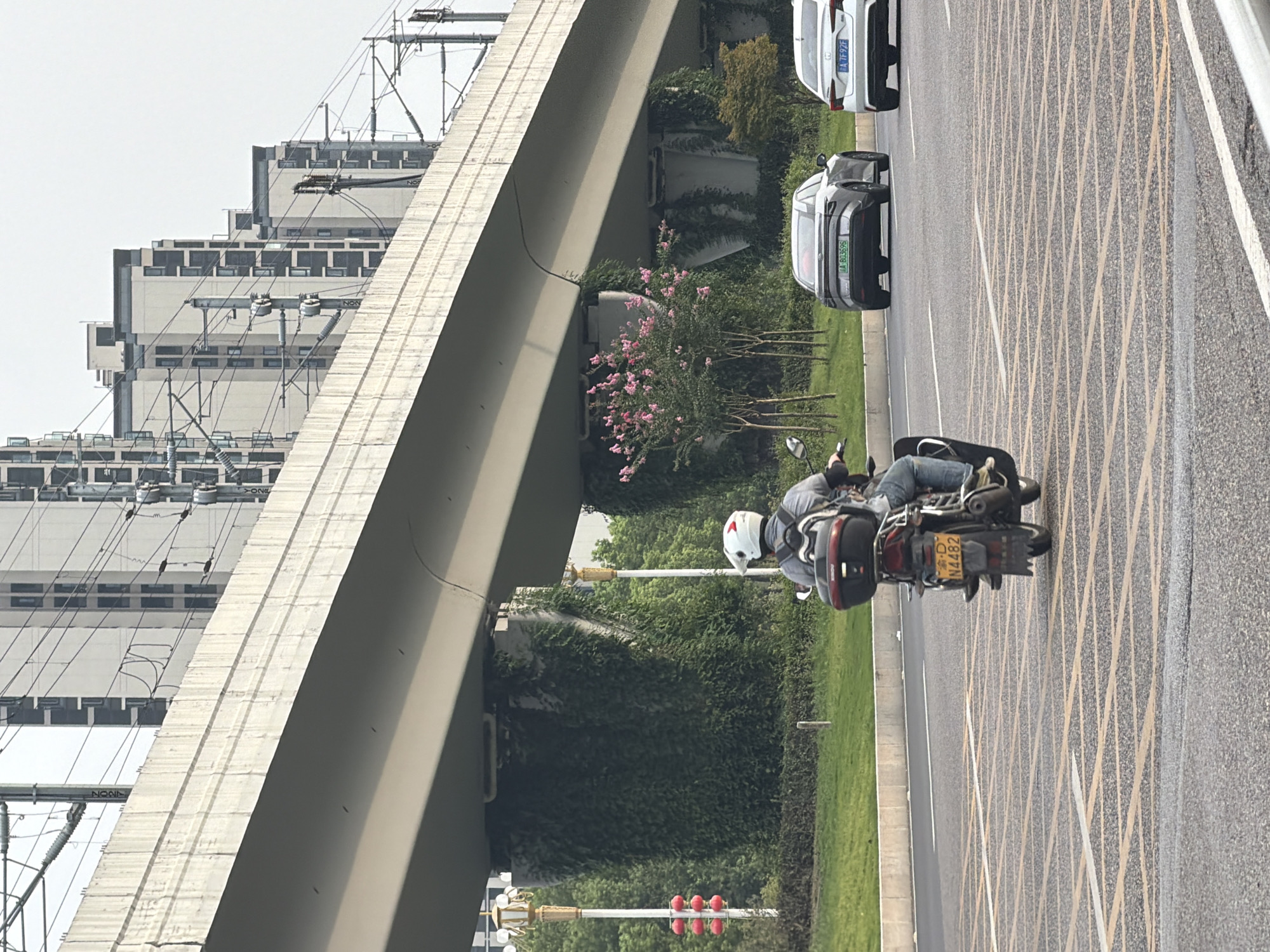 A motorcycle rider wearing a white helmet and a black backpack is traveling on a road under an elevated structure in Jiangjin, China. The motorcycle has a yellow license plate with the characters "D N4452". Two cars are also visible on the road ahead of the motorcycle. The car in the left lane has a license plate that reads "A B03595", and the car in the right lane has a license plate that reads "A 7F92F". The elevated structure appears to be a bridge or overpass, with tall buildings visible in the background. The supports of the elevated structure are covered in green vines. The road is asphalt with yellow lane markings. The sky is overcast.